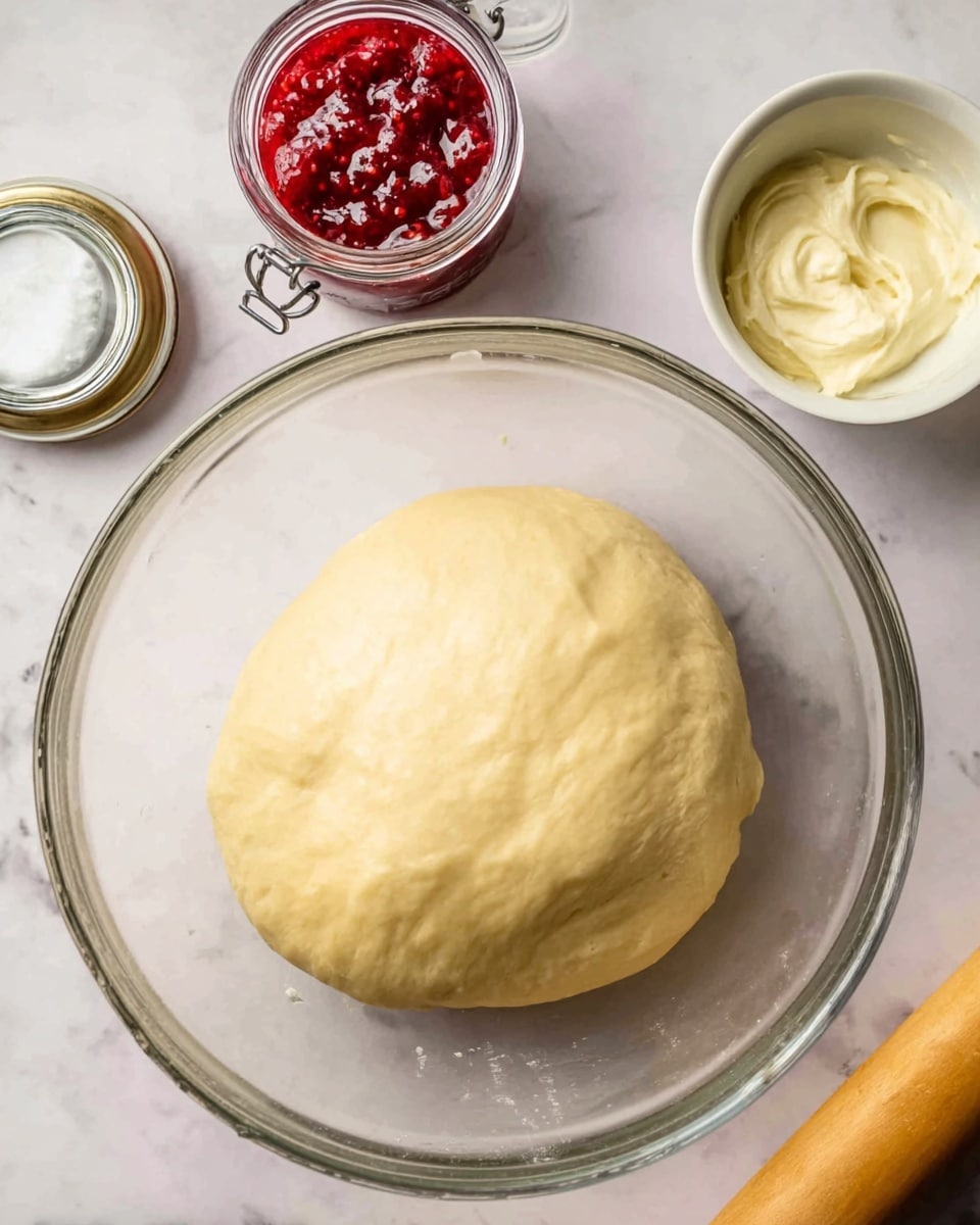 A large clear glass bowl holds a smooth, round ball of pale yellow dough, slightly risen and resting in the center. To the top left, there is a clear jar filled with bright red jam with its metallic lid beside it. To the top right, a small white bowl contains a dollop of creamy white spread. The background is a white marbled surface under soft light. A wooden rolling pin is partially visible at the bottom right edge of the image. Photo taken with an iphone --ar 4:5 --v 7