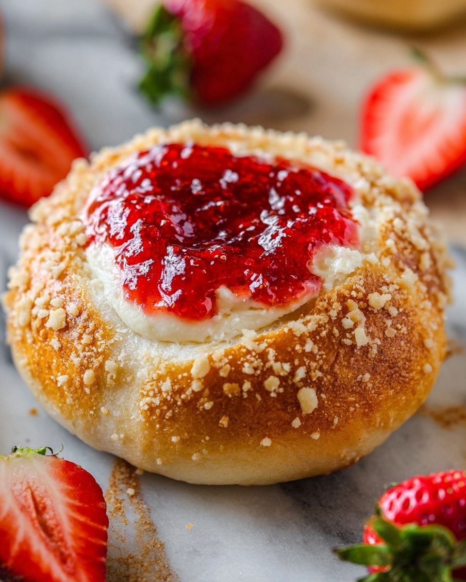The image shows a round bun with a golden brown crust covered in small crumbly bits. It has one main layer of soft dough, topped with a creamy white layer that looks smooth and slightly melted. On top of this is a bright red layer of strawberry jam that is shiny and slightly uneven in texture, sitting in the center of the bun. Around the bun, there are halved fresh strawberries with green leaves, all set on a surface with white marbled texture. Photo taken with an iphone --ar 4:5 --v 7
