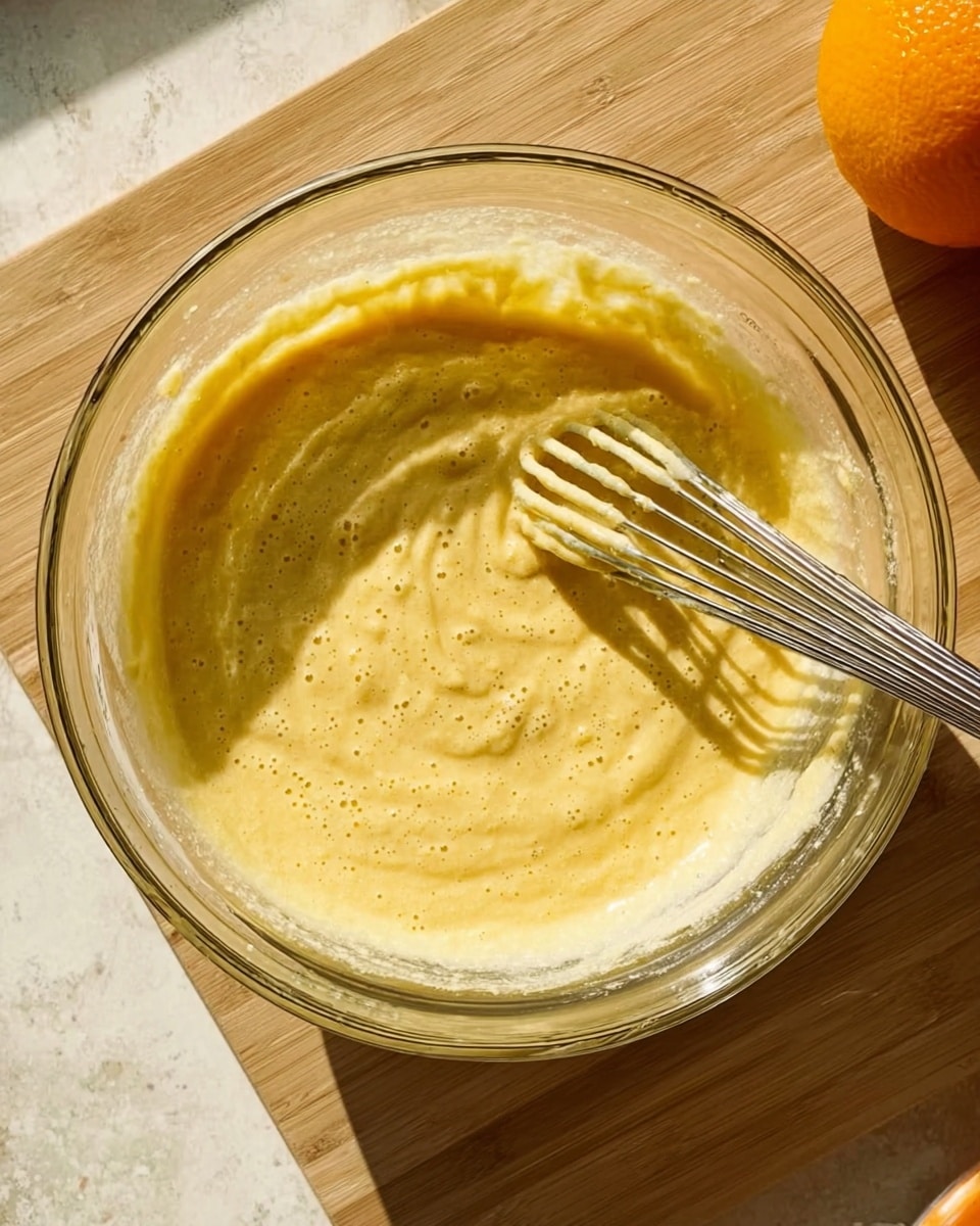 A clear glass bowl filled with a thick, light yellow batter that has small bubbles on the surface. The batter fills most of the bowl and shows smooth swirls from mixing. Two metal beaters from an electric mixer rest inside the bowl, coated with the same batter. The bowl is placed on a light wood surface with a white marbled texture replacing the background. Bright sunlight creates soft shadows on one side of the bowl. Part of an orange fruit is visible on the right edge of the image. Photo taken with an iphone --ar 4:5 --v 7