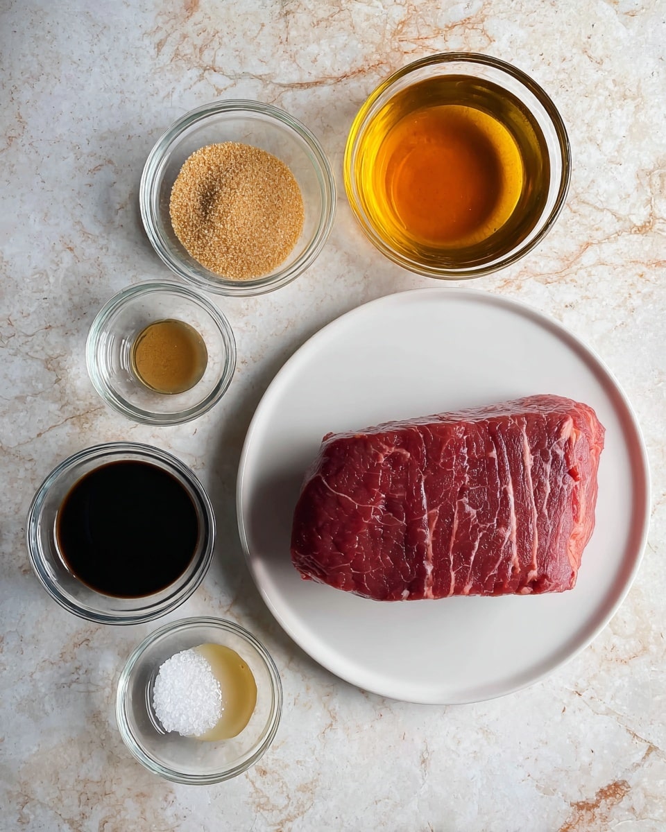 A raw, red piece of beef with light fat streaks lies on a white round plate at the center right. Surrounding the plate are five small glass bowls: at the top left is light brown sugar granules; below it, a large bowl filled with golden brown liquid; below that, a small bowl with white salt; directly below the plate, a bowl containing a dark black liquid; and at the top right, a bowl with a light brown sauce. The bowls and plate are placed on a white marbled surface. photo taken with an iphone --ar 4:5 --v 7