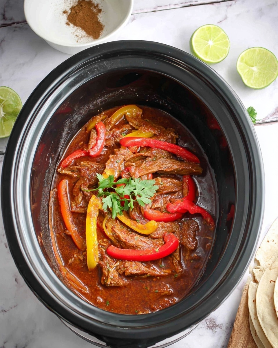 Inside a black slow cooker, there is a dish with one main layer of cooked meat strips in a rich reddish-brown sauce. Mixed within the sauce are several slices of red and yellow bell peppers, adding bright color contrast. On top of everything, there is a small green parsley garnish placed in the center. The cooker is set on a white marbled surface, with a white bowl containing some brown spices and nearby lime wedges in the scene. A stack of tortillas is on the side, partially visible. Photo taken with an iphone --ar 4:5 --v 7