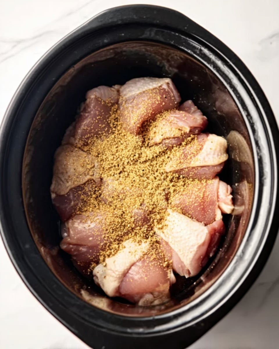 A black slow cooker holds pieces of raw chicken arranged in a circle with the skin side up, showing a light pink color. On top of the chicken is a generous layer of golden brown seasoning, sprinkled evenly in the middle. The inside of the slow cooker has a smooth dark surface. The photo is taken on a white marbled surface. photo taken with an iphone --ar 4:5 --v 7