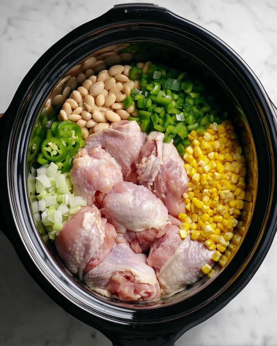 Inside a black slow cooker, six raw pink chicken thighs are placed in the center, overlapping each other. Around the chicken thighs, there are five different ingredients each forming distinct sections: upper left shows light beige beans, upper right has chopped green jalapeño slices, bottom right contains chopped white onions, bottom middle shows bright yellow corn kernels, and bottom left features diced green bell peppers. The slow cooker sits on a white marbled surface. Photo taken with an iphone --ar 4:5 --v 7