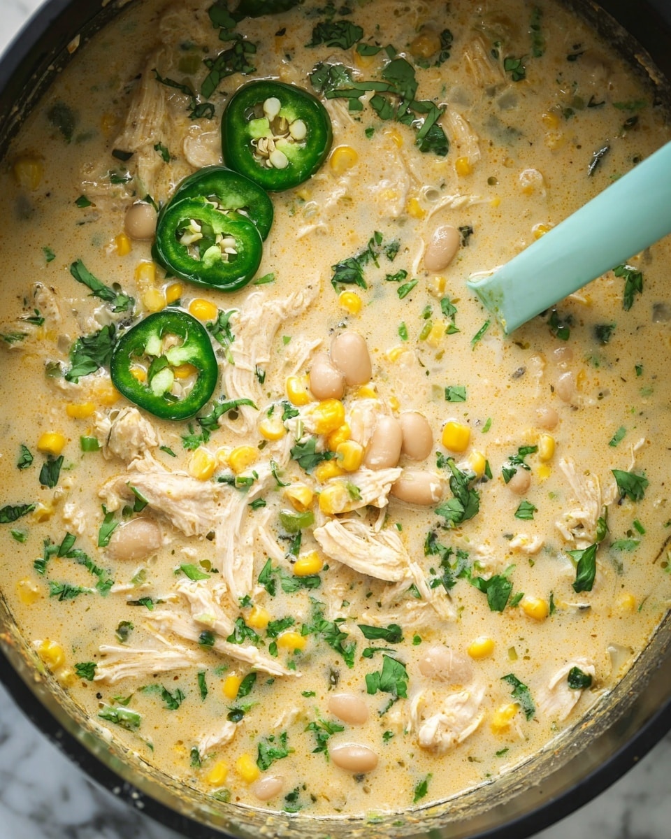 A close-up top view of a creamy soup with layers of shredded light beige chicken mixed with yellow corn kernels and small white beans throughout the thick pale yellow broth. Fresh chopped green herbs are sprinkled over the soup, with three thin slices of bright green jalapeño placed near the upper left. A light blue ladle is partially submerged in the soup on the right side, stirring the mixture. The soup is inside a black pot, set against a white marbled surface. Photo taken with an iphone --ar 4:5 --v 7