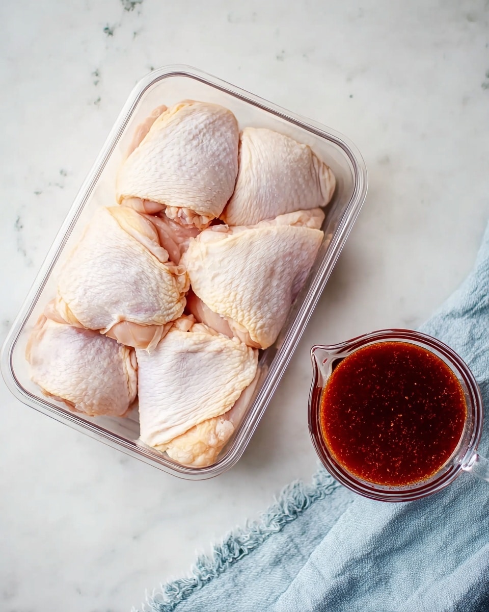 A clear plastic container holds six pieces of uncooked chicken thighs with skin on, stacked closely together. To the right of the container, there is a glass measuring cup filled with dark red sauce that looks a little thick. The items are placed on a white marbled surface with a light blue cloth folded near the bottom right corner. Photo taken with an iphone --ar 4:5 --v 7