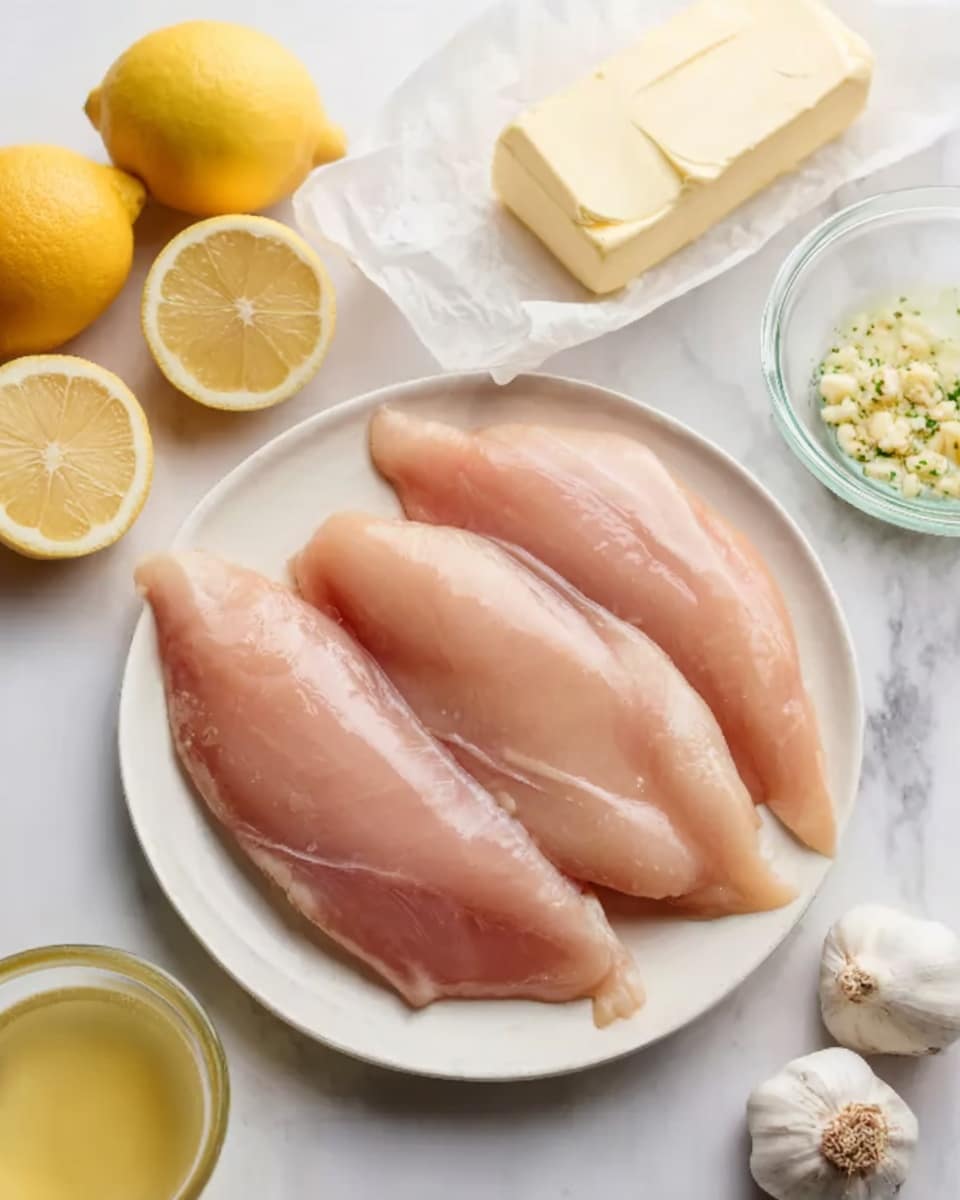 The image shows three raw chicken fillets placed side by side on a white plate in the middle of a white marbled surface. Surrounding the plate, there are fresh yellow lemon halves near the top left, a block of butter wrapped in paper at the top right, a bowl with some type of liquid near the top middle, a small glass bowl with minced garlic near the bottom right, and a garlic bulb partly visible at the bottom right edge. The colors are soft and natural, focusing on the pale pink chicken and fresh ingredients, with the white plate and marbled background creating a clean, simple look. Photo taken with an iphone --ar 4:5 --v 7