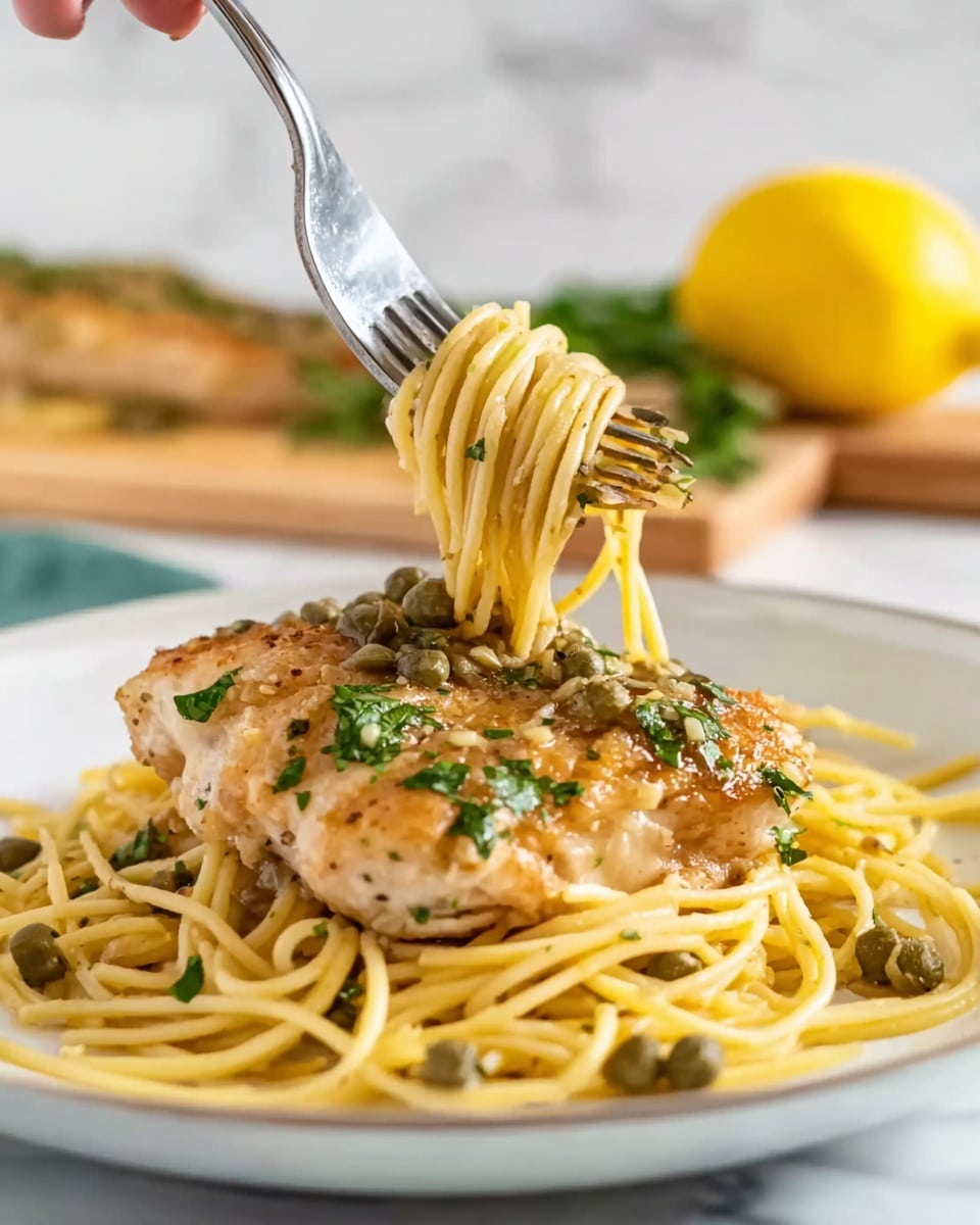 A white plate holds a large piece of cooked chicken that is golden brown on top and sprinkled with chopped green herbs. Underneath the chicken, there is a layer of spaghetti noodles that are light yellow and mixed with small green pieces, possibly herbs or capers. Above the plate, a fork held by a woman's hand lifts some spaghetti noodles wrapped around the fork's tines along with a small chunk of chicken. The background features a blurred white marbled surface and a yellow lemon on a wooden board, adding a fresh touch. The photo taken with an iphone --ar 4:5 --v 7