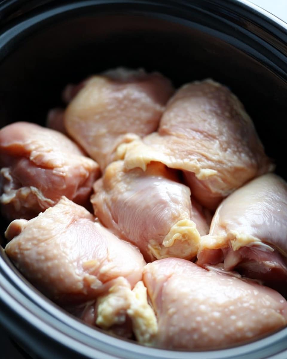 The image shows a close-up of a black round cooker filled with six raw pieces of chicken with slightly shiny pinkish skin, arranged in a single layer side by side. The chicken pieces have some pale yellow fat on their edges. The cooker is deep and has a smooth and dark inner surface. The background is not fully visible but hints a simple kitchen scene. photo taken with an iphone --ar 4:5 --v 7