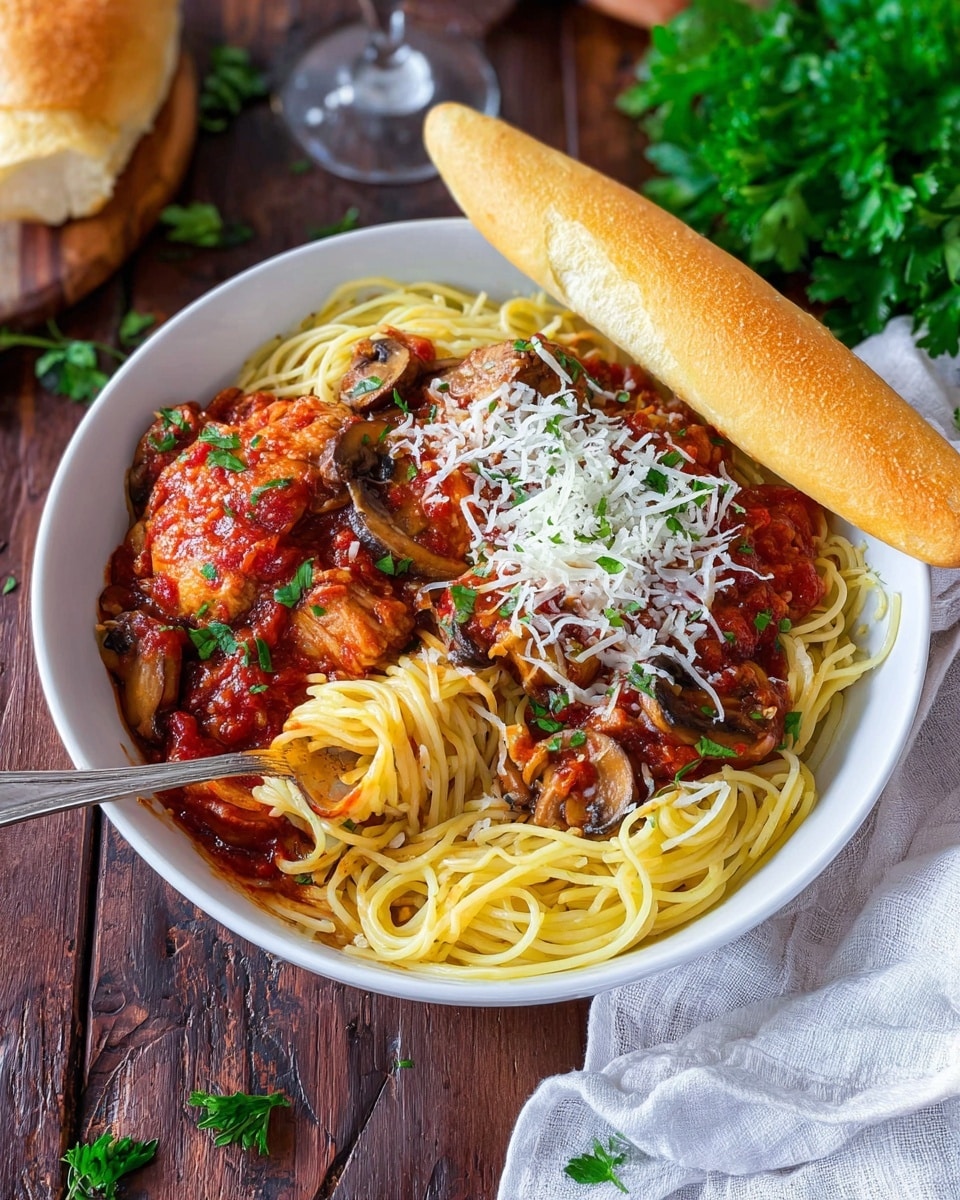 A white bowl filled with three layers: at the bottom is light yellow spaghetti, in the middle are several pieces of cooked chicken covered in chunky red tomato sauce with visible mushroom pieces in dark brown, and the top layer has sprinkled white shredded cheese and a few green parsley leaves for garnish. On the side of the bowl is a single golden brown breadstick resting on top of the noodles. There is a silver fork partially in the bowl holding some spaghetti. The bowl sits on a dark wooden surface with a white cloth nearby, and a glass and fresh green parsley visible in the background. photo taken with an iphone --ar 4:5 --v 7
