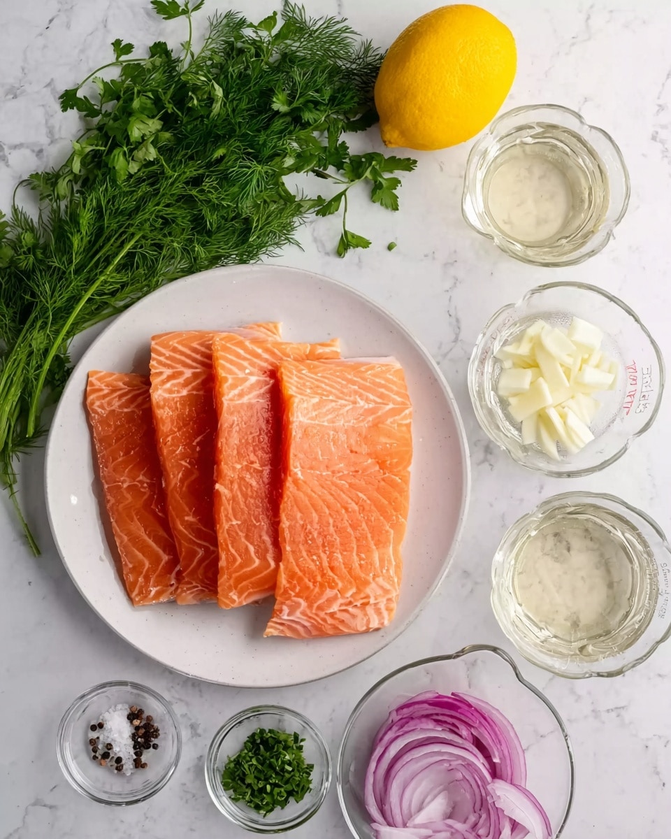 The image shows a white plate in the center with four raw salmon fillets stacked slightly overlapping, each fillet displaying bright orange-pink flesh with white marbling lines running lengthwise. Surrounding the plate are small clear glass bowls containing thinly sliced garlic, whole black peppercorns in salt, and thick purple onion slices. Next to these, there are two clear glass measuring cups with translucent white liquids, likely oil and vinegar or wine, arranged near fresh green herbs, including dill and parsley, placed on a white marbled surface. In the top left corner, there is a whole bright yellow lemon adding a splash of color. The whole composition looks clean and fresh. Photo taken with an iphone --ar 4:5 --v 7