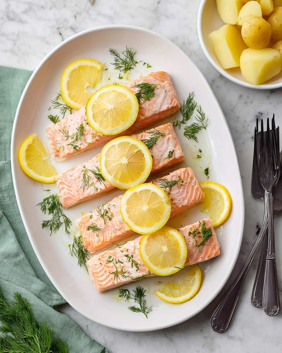 The image shows four cooked salmon fillets arranged neatly on a white oval plate, each topped with a thin, bright yellow lemon slice and garnished with small, green dill sprigs scattered over and around the fish. The salmon is light pink with a slightly textured surface indicating it is cooked. The plate sits on a white marbled surface, with a green cloth napkin beside it holding two black forks. There is also a silver serving spatula partially visible on the right side of the plate, and two white bowls with peeled yellow potatoes around the edges of the frame. The overall look is fresh and clean with a simple, elegant presentation. photo taken with an iphone --ar 4:5 --v 7