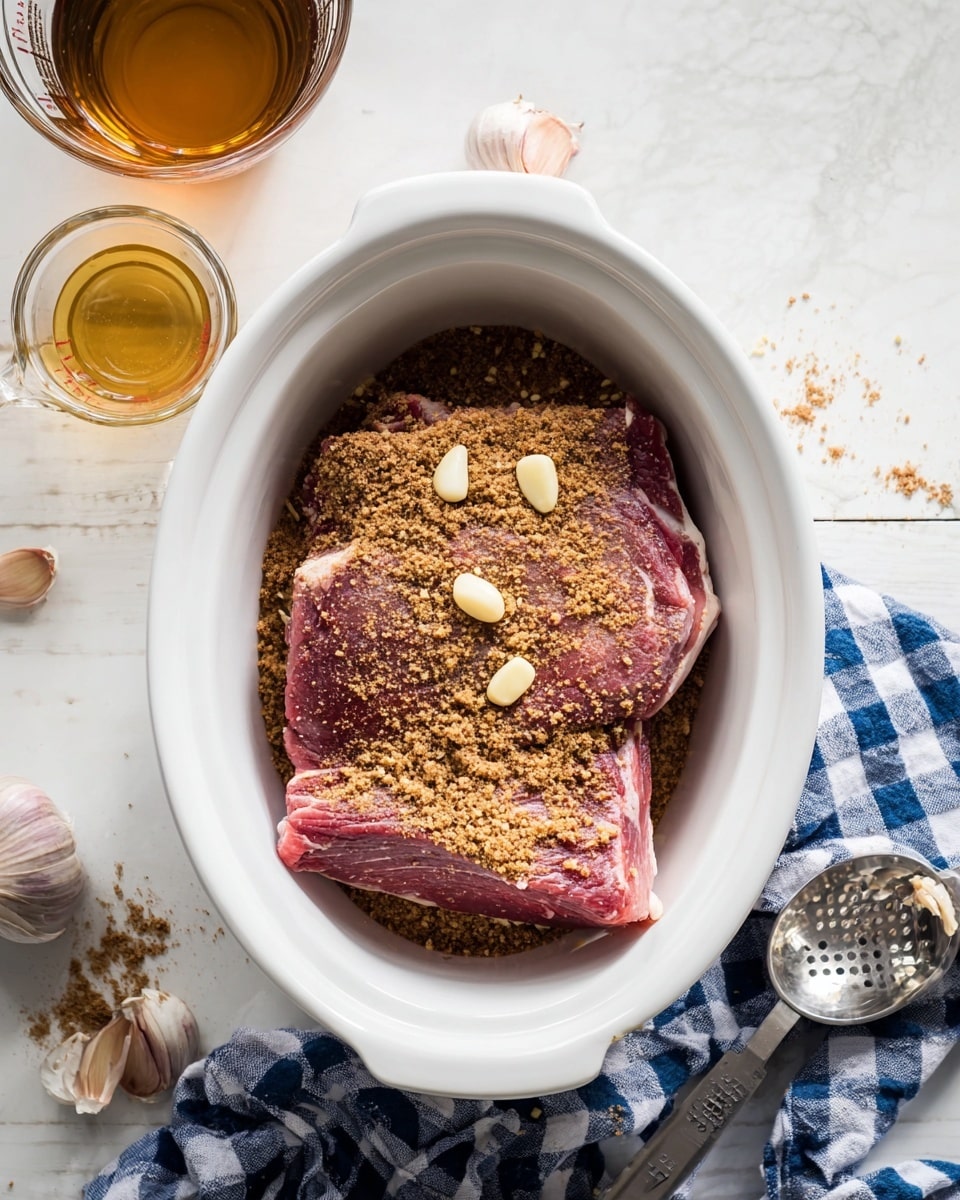 Inside a white oval bowl, there are two raw meat pieces stacked one on top of the other, displaying a dark red color. The top layer of the meat is covered with a brown crumbly powder, scattered unevenly, and garnished with five whole peeled garlic cloves and some mixed colorful spices. Around the bowl on a white marbled surface, a glass measuring cup filled with a golden liquid is placed at the bottom left corner, and a glass with a dark liquid is positioned at the top. To the right, a partially peeled garlic bulb and a metal scoop are near the bowl, with a blue and white checkered cloth lying under the bowl's edge. Photo taken with an iphone --ar 4:5 --v 7