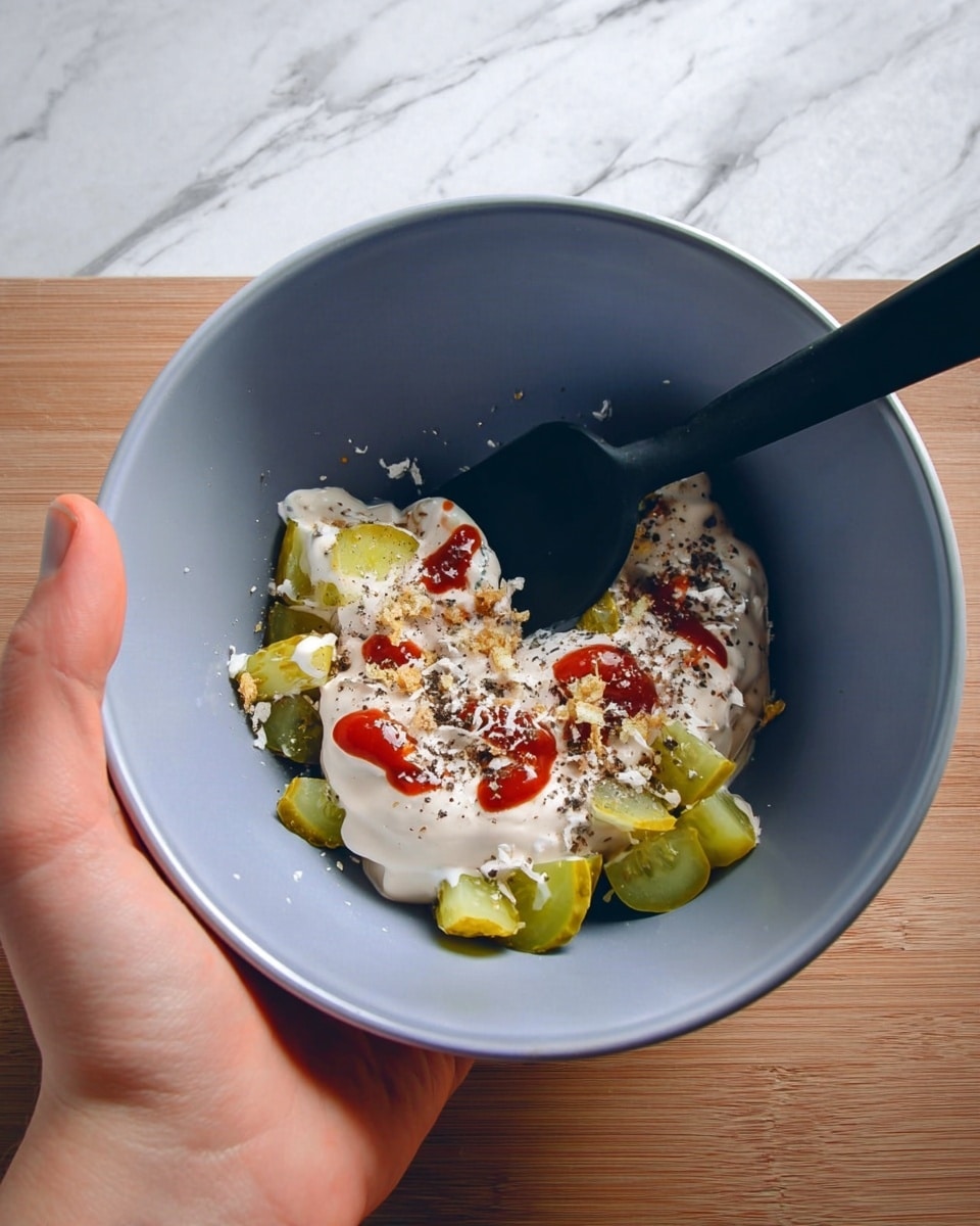 A white bowl held by a woman's hand contains several colorful layers of ingredients. At the bottom, there are small pieces of bright green pickles, topped by a thick white sauce that looks smooth and creamy. Over the sauce, there are small red dollops of ketchup, sprinkled with a white powdery seasoning and black pepper flakes. A black spatula is partly inside the bowl, positioned at the back. The bowl sits on a wooden surface replaced by a white marbled texture for the background. photo taken with an iphone --ar 4:5 --v 7