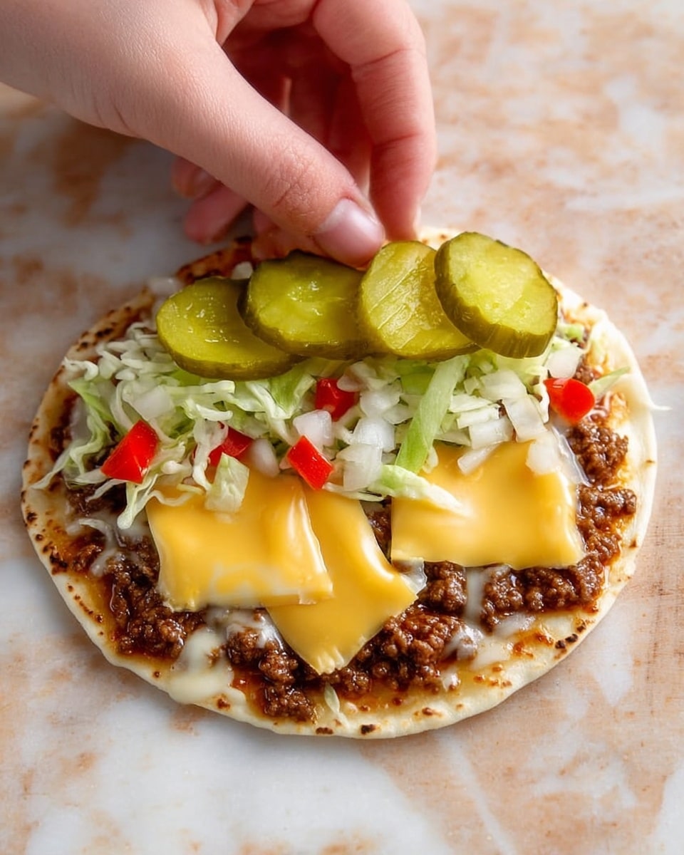 A small, round flatbread sits on a white marbled surface with a layer of cooked ground meat spread evenly on top. Two bright yellow slices of melted cheese cover most of the meat. On top of the cheese, there is a mix of finely chopped white onions, red peppers, and shredded lettuce scattered across the middle. A woman's hand is placing three thick slices of green pickles on one side of the flatbread. Photo taken with an iphone --ar 4:5 --v 7