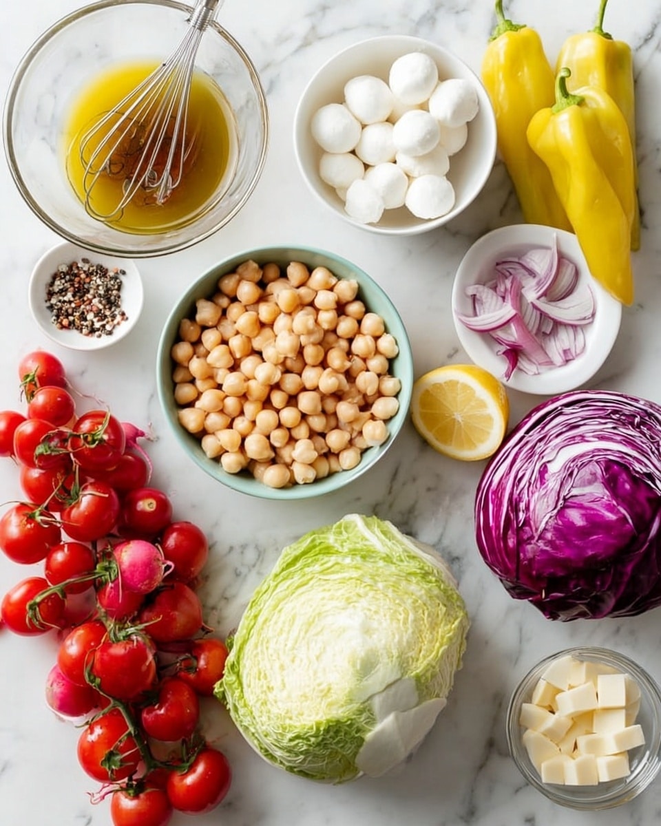 A white marbled surface holds several bowls and vegetables arranged neatly. In the top left, a clear bowl contains a yellow-brown vinaigrette with a metal whisk inside. Beside it, a white bowl is filled with small white mozzarella balls. Near the top right, a white plate has five bright yellow pickled peppers with stems. Below these, a whole round radicchio with purple and white leaves and a light green iceberg lettuce head sit side by side. To the lower left, a white bowl is full of beige chickpeas, and a bunch of bright red cherry tomatoes on the vine extend from near the bowl across the surface. Two halved lemon slices lie near the top next to the vinaigrette bowl. A small white dish holds a mix of black and white pepper seeds. At the bottom right, a small glass bowl is filled with small cubes of pale yellow cheese, and next to it is a small glass dish with thinly sliced red onions. The overall look is fresh and colorful, all placed on the white marbled background. photo taken with an iphone --ar 4:5 --v 7