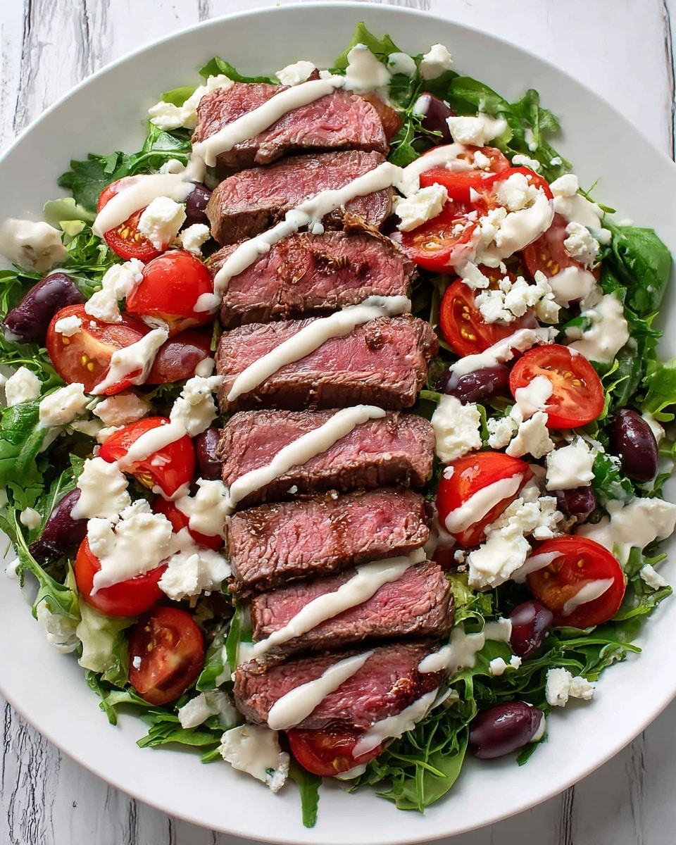 A round white plate on a white marbled surface holds a colorful steak salad with five thick slices of medium-rare steak arranged in a row in the center. Underneath the steak is a bed of fresh dark green leafy arugula. Around the edges, there are bright red tomato slices evenly spaced. Scattered on the greens and steak are small white crumbles of feta cheese. There are also several dark purple olive halves placed near the tomato slices. A creamy white dressing is drizzled in parallel lines over the steak and salad, with a few larger dollops on the tomatoes. photo taken with an iphone --ar 4:5 --v 7