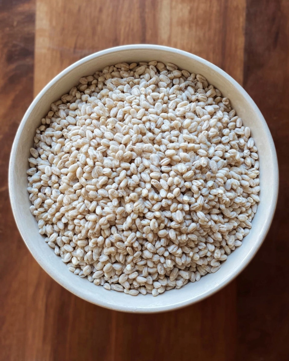 A close-up view of a round white bowl filled to the top with small, plump grains of pearl barley. The grains are a mix of light beige and off-white colors with a smooth and slightly shiny texture. The bowl sits on a wooden surface showing natural brown tones and grain patterns. photo taken with an iphone --ar 4:5 --v 7