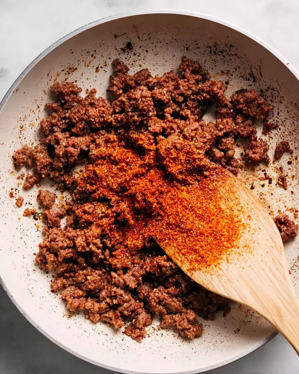 The image shows a close-up of cooked ground beef in a white pan on a white marbled surface. The beef is browned and crumbly, with a reddish-orange spice mix sprinkled mostly in the center and on the right side of the meat. A wooden spatula rests in the pan, partially covered with the same spice. The colors are mainly brown and reddish-orange with the smooth texture of the white pan contrasting with the coarse meat. photo taken with an iphone --ar 4:5 --v 7
