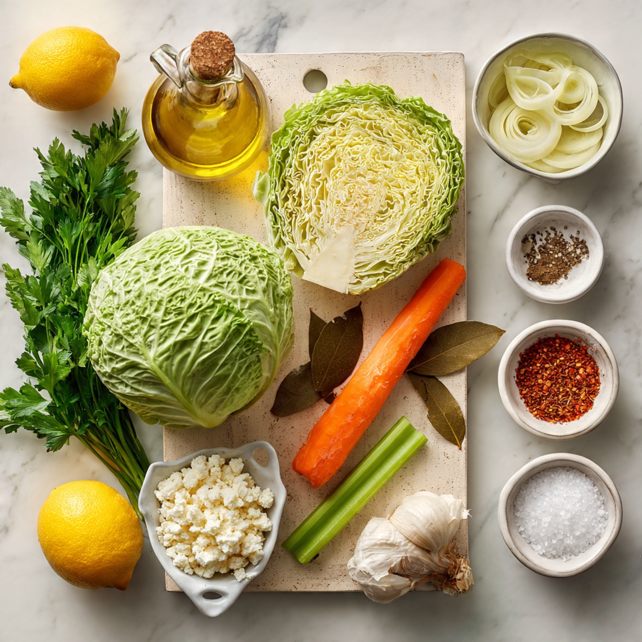 The image shows a variety of fresh ingredients arranged on a beige cutting board placed on a white marbled surface. On the board, there is a whole green cabbage with another half sliced open revealing its dense, light green leaves inside. Next to the cabbage are a bright orange carrot and a fresh green celery stalk placed side by side. Below the vegetables, there is a small white bowl filled with crumbled white cheese and two brown dried bay leaves positioned nearby. To the left of the board, a whole yellow lemon, two garlic cloves, a bottle of golden olive oil, and a sprig of fresh green parsley are visible. At the top right corner, a white bowl contains small white round grains, while to its right, three small white containers hold salt and pepper, red pepper powder, and an empty white dish. A white bowl with thin, pale yellow slices of leek is also placed above the board. The whole scene is bright and neatly organized, with natural colors and textures standing out clearly. Photo taken with an iphone --ar 4:5 --v 7