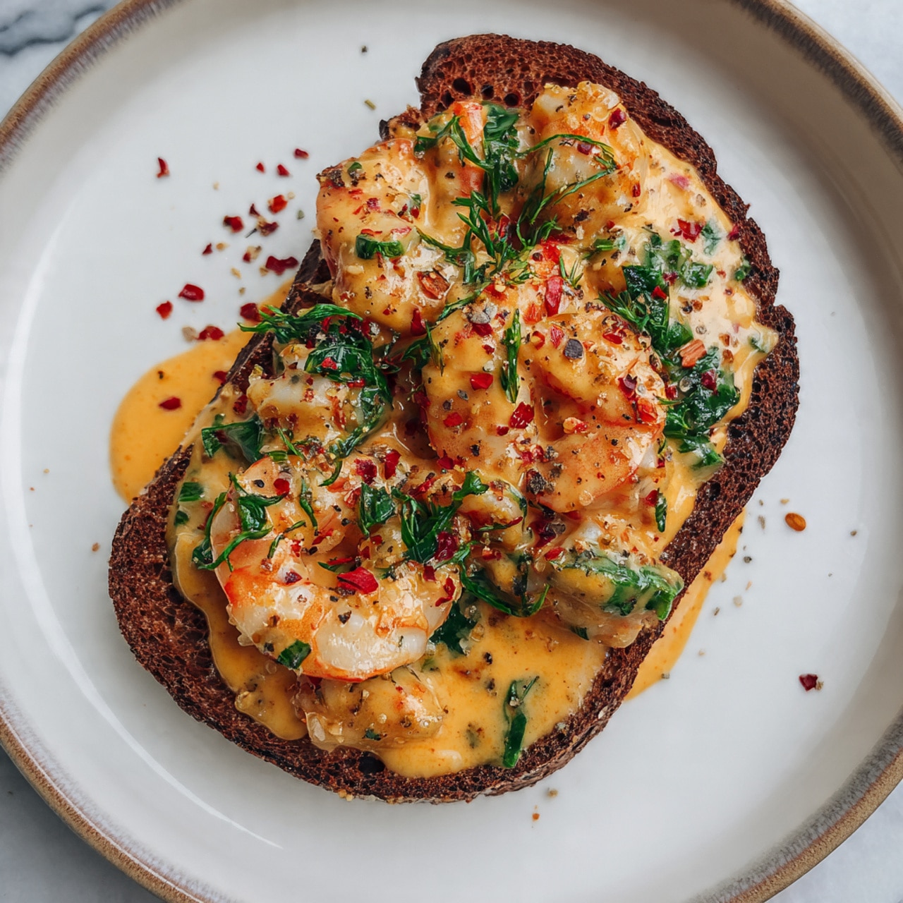 A slice of toasted dark brown bread sits on a white plate with a white marbled texture surface, topped with a creamy orange sauce mixed with pieces of shrimp and green herbs. The sauce covers the bread fully, with visible red pepper flakes and black pepper sprinkled on top, adding specks of red and dark colors. The texture looks smooth and rich with bits of shrimp and chopped leafy greens scattered throughout. Photo taken with an iphone --ar 4:5 --v 7