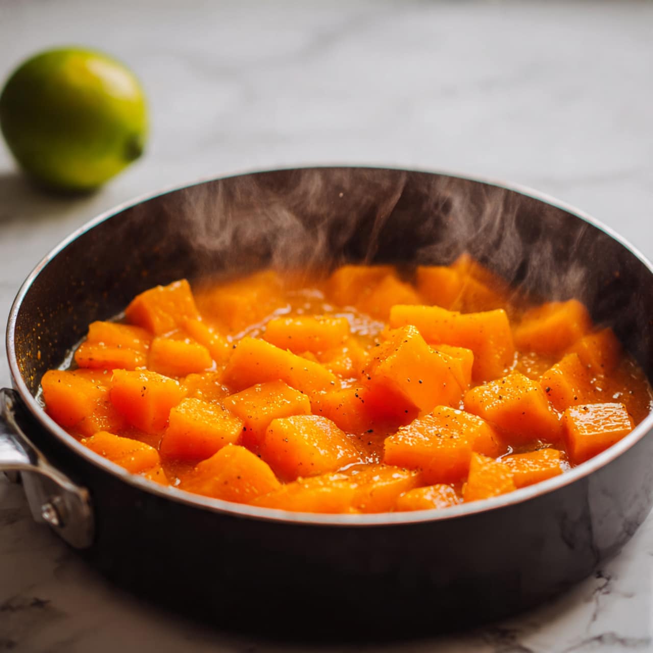 The image shows a black pan filled with bright orange cubes simmering in a thick, shiny orange sauce. Steam rises gently from the pan, adding warmth to the scene. In the background, there is a blurry green lime half resting on the white marbled surface. The color contrast between the orange cubes and the dark pan is clear and vibrant, and the texture of the sauce looks smooth and slightly sticky. photo taken with an iphone --ar 4:5 --v 7