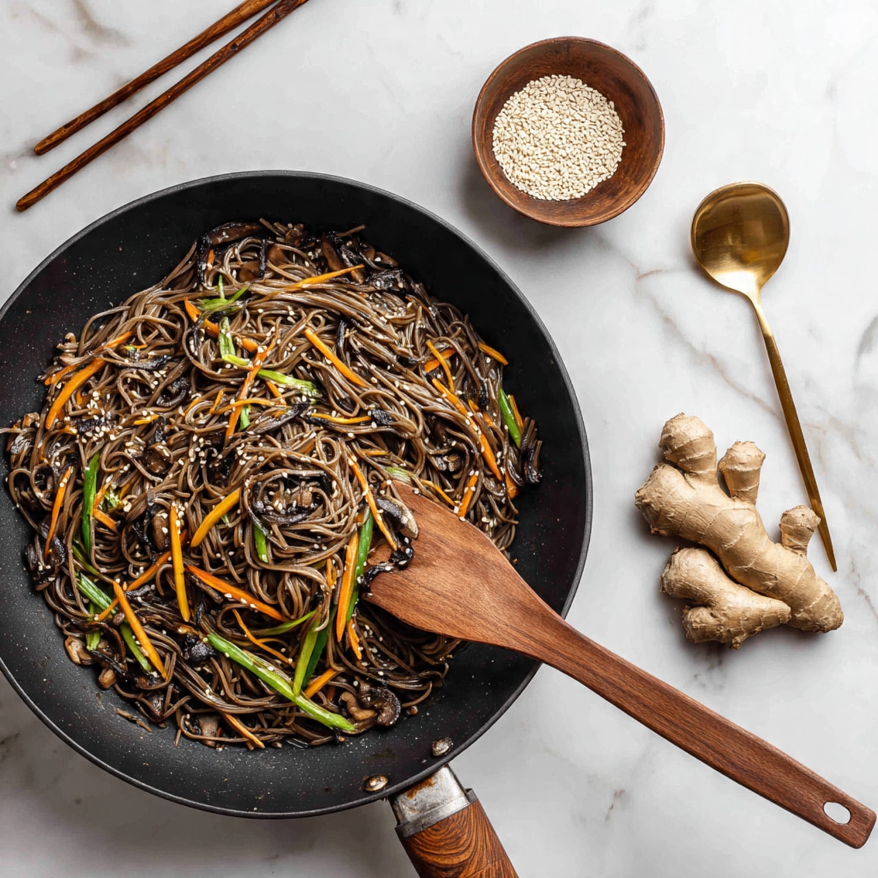A black frying pan filled with dark brown noodles mixed with thin orange carrot strips, small green onion pieces, and dark mushroom slices. A wooden spatula is lifting part of the noodles from the right side of the pan. Behind the pan, there is a small wooden bowl with white sesame seeds and a golden spoon inside it, and fresh beige ginger root rests on the white marbled surface. A pair of chopsticks lies on the upper left corner. photo taken with an iphone --ar 4:5 --v 7