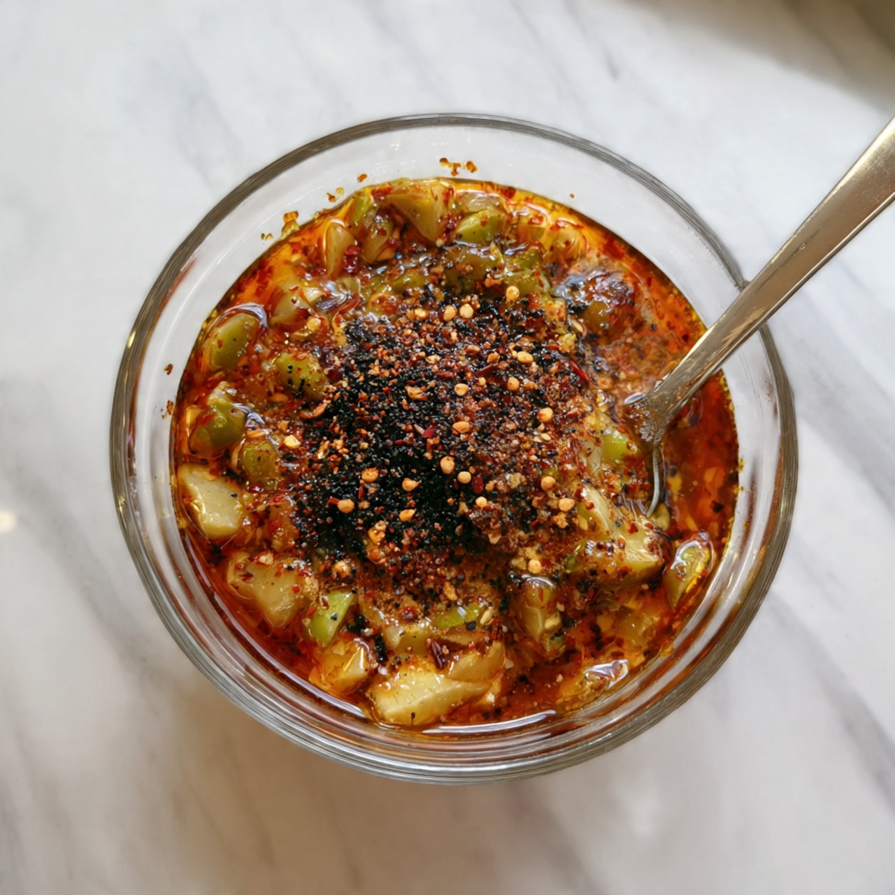 A clear glass bowl filled with a chunky mixture of small, light brown and pale green pieces soaked in a reddish-brown sauce. On top, there is a sprinkle of black seasoning, slightly clumped in the center. A silver spoon is placed inside the bowl, leaning against its side. The bowl sits on a white marbled surface. photo taken with an iphone --ar 4:5 --v 7