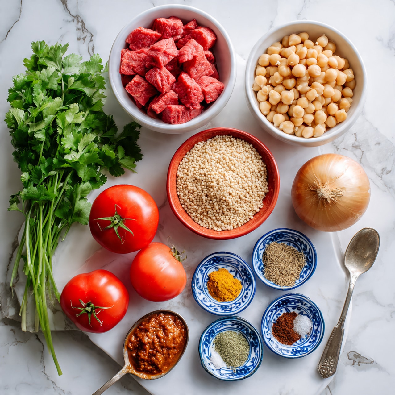 The image shows various fresh ingredients arranged on a white marbled surface. There is a small white bowl filled with raw red meat chunks, next to a bunch of fresh green cilantro leaves. A red bowl holds pale beige cooked chickpeas. Nearby, there is a large whole yellow onion and two bright red tomatoes with green stems. A white bowl contains light brown grains, and a small blue and white patterned plate has six sections of spices including red, brown, green, black, and white powders. In front of the spices is a metal spoon with a thick red paste. The overall setup is neatly organized and colorful. photo taken with an iphone --ar 4:5 --v 7