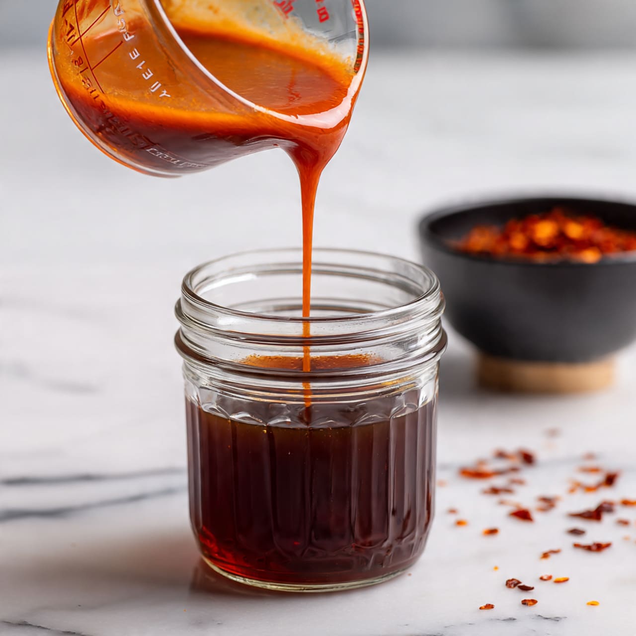 The image shows a clear glass jar partially filled with dark reddish-brown liquid. Above the jar, a small glass measuring cup is pouring a thick orange sauce into it. In the background, out of focus, there is a small black bowl with red chili flakes, with some flakes scattered on the white marbled surface. The liquid is flowing smoothly from the measuring cup to the jar, creating a slight reflection on the surface. Photo taken with an iphone --ar 4:5 --v 7