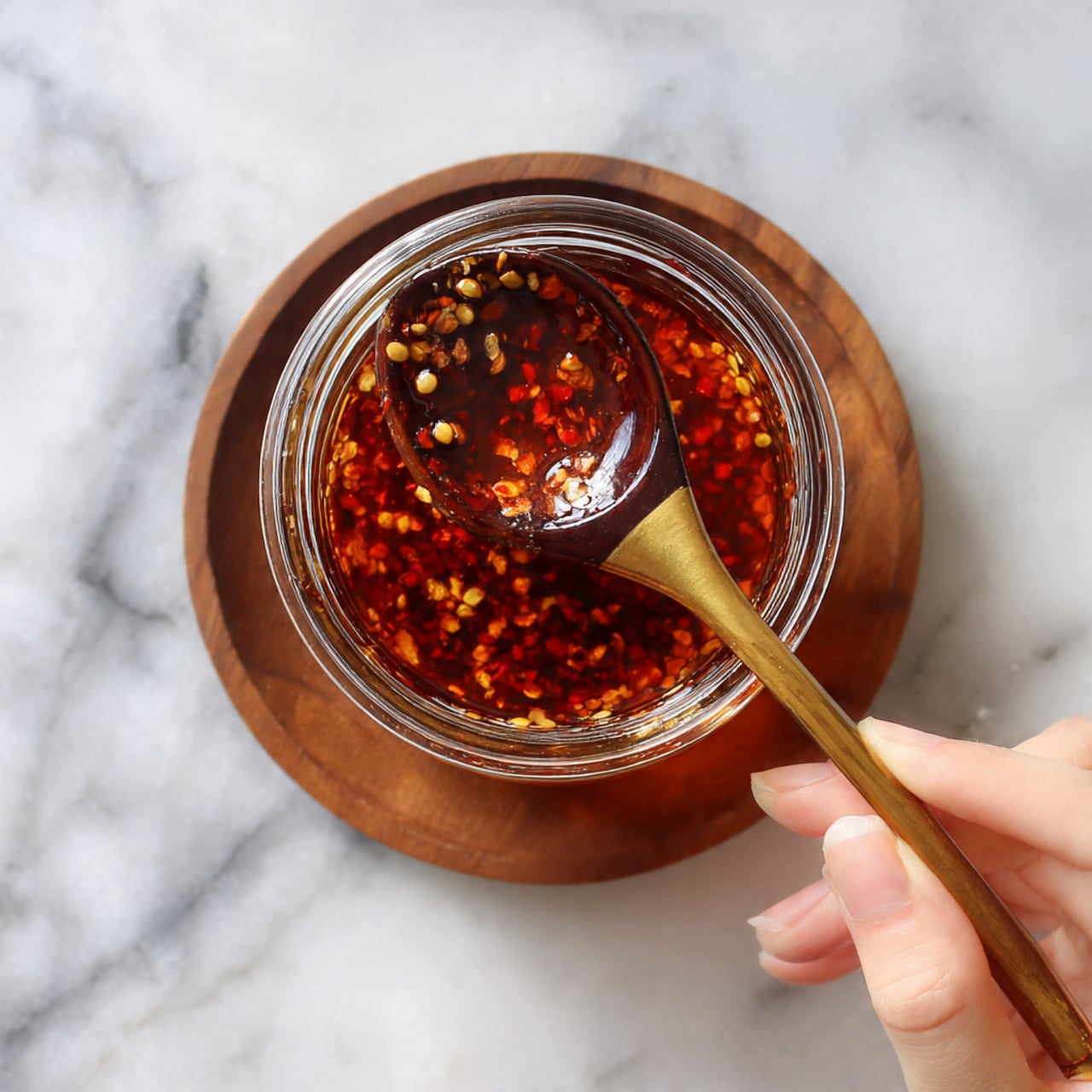 A clear glass jar filled with a reddish-brown chili oil with visible red chili flakes floating in it. A dark wooden spoon is dipped inside the jar, stirring the chili oil. A woman's hand is holding the spoon by its wide flat handle. The jar is placed on a white marbled surface. photo taken with an iphone --ar 4:5 --v 7