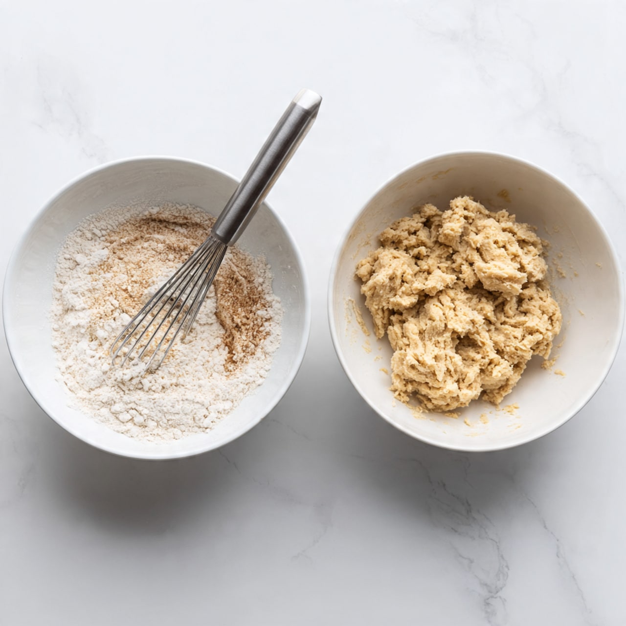 The image shows two white bowls on a white marbled surface side by side. The left bowl contains a dry mixture of light brown and white powdery ingredients with a silver whisk resting inside, creating a rough textured layer of mixed flour. The right bowl holds a clumpy dough that looks uneven and rough in texture with a silver fork partially stuck in it, indicating the wet and sticky stage of mixing. Both bowls have simple, smooth interiors and the overall scene is bright with soft natural light. Photo taken with an iphone --ar 4:5 --v 7