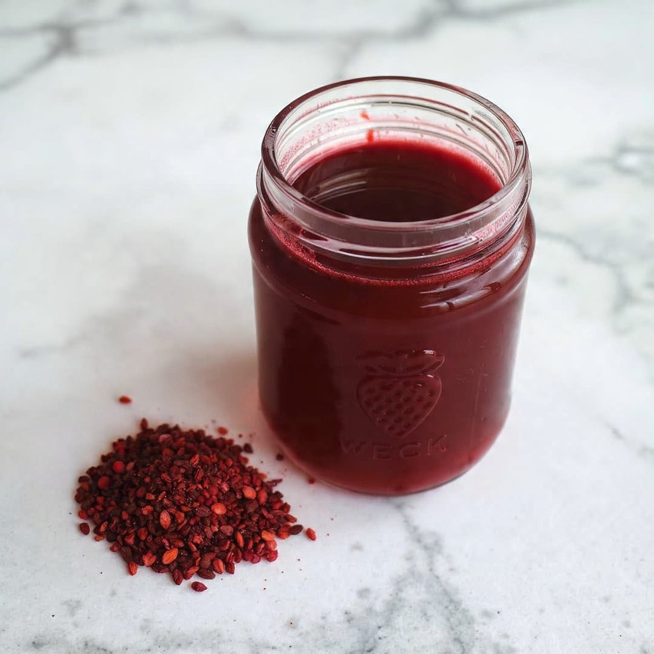 A small clear glass jar filled with a dark reddish-brown sauce sits on a white marbled surface. Above the jar, golden honey-like liquid drips down slowly from a glass container, creating a thin line of liquid falling toward the sauce. In the background, slightly out of focus, is a small white bowl filled with red chili flakes, some scattered around it on the white marbled surface. The jar has a strawberry-shaped embossed logo on the front. photo taken with an iphone --ar 4:5 --v 7
