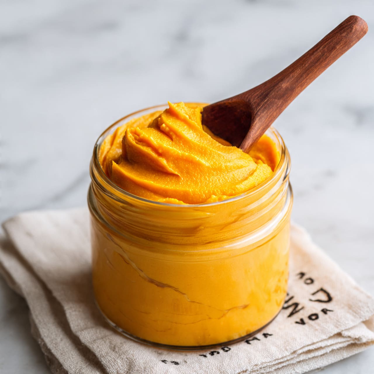 The image shows a jar filled with a thick, smooth, bright orange spread with a slightly rough texture. Inside the jar, a brown wooden spoon is dipped into the spread, with its bowl partially covered. The jar sits on a folded cloth with faint black text, placed on a white marbled surface. The lighting highlights the creamy texture and vibrant color of the spread. Photo taken with an iphone --ar 4:5 --v 7