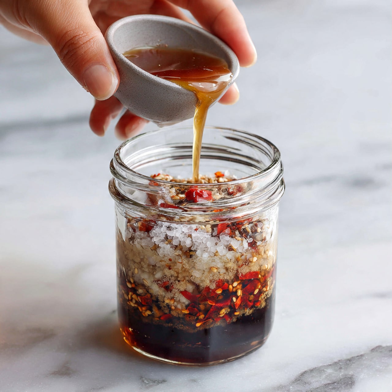 A woman's hand is pouring a light brown liquid from a small gray bowl into a clear glass jar. Inside the jar, there are several layers visible: the bottom layer is pale with some white granules, the middle layer is dark red with small chili flakes, and the top layer includes coarse white salt and more chili flakes, creating a textured and colorful mix. The jar is placed on a white marbled surface. photo taken with an iphone --ar 4:5 --v 7