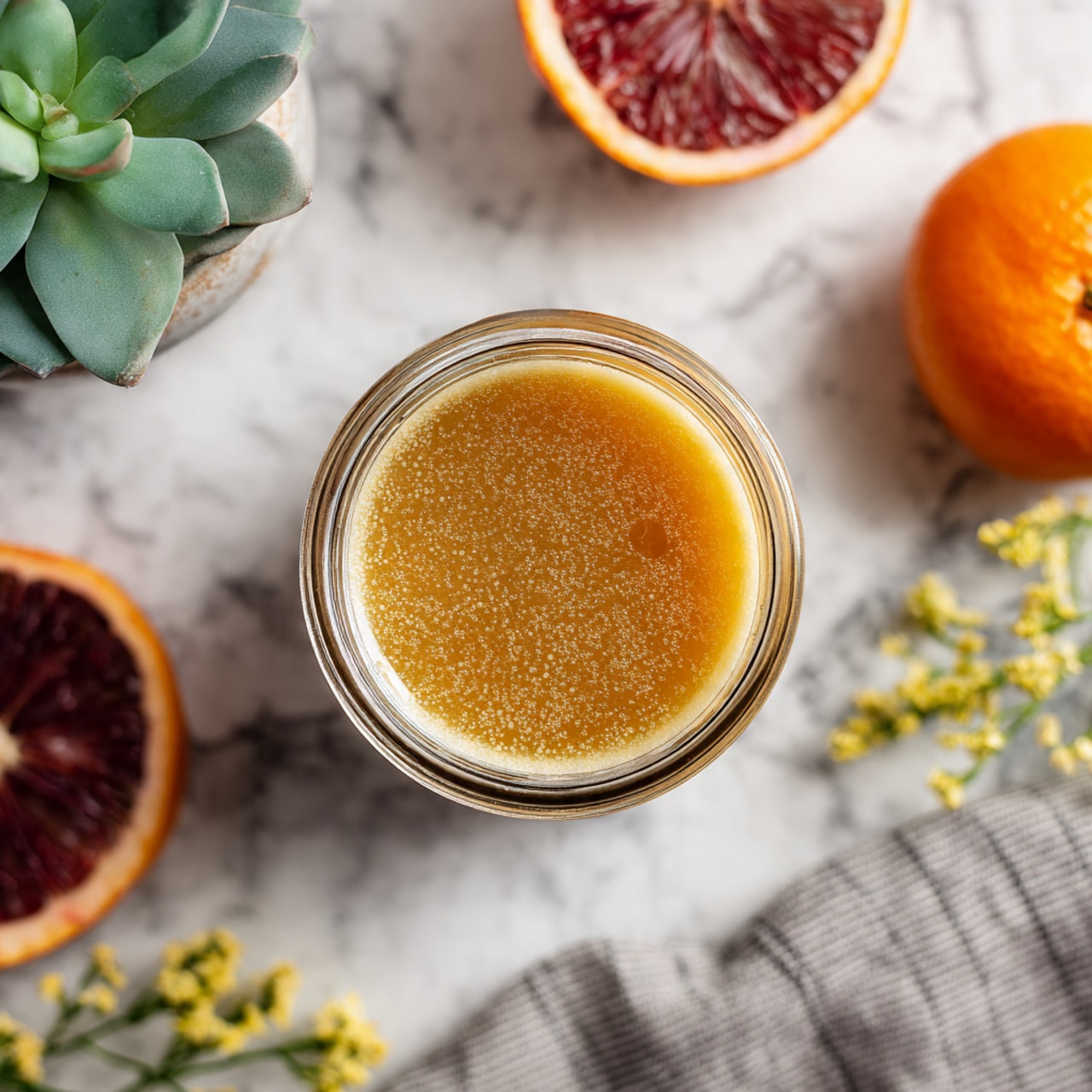 The image shows the top view of a glass jar filled with a smooth, golden-brown liquid that has a slightly frothy surface texture. The jar is placed on a white marbled background with a small green succulent plant on the top left, a blood orange cut in half showing dark red inside on the bottom left, a whole orange fruit on the top right, and some small yellow-flowered sprigs resting next to a grey and white striped cloth at the bottom right. The shot is bright and clean, focusing closely on the jar's contents photo taken with an iphone --ar 4:5 --v 7