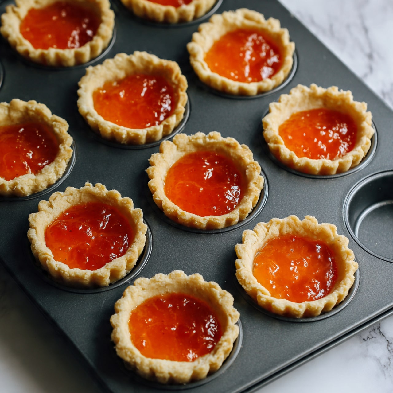 The image shows nine small tart shells arranged in a 3x3 pattern inside a dark gray metal muffin tray, each tart shell containing a layer of bright orange, shiny fruit jam on top. The tart shells have a light yellow, crumbly texture with a slightly crimped edge. The jam fills the center of each tart, with a smooth and glossy surface that catches the light. The muffin tray rests on a white marbled surface. Photo taken with an iphone --ar 4:5 --v 7