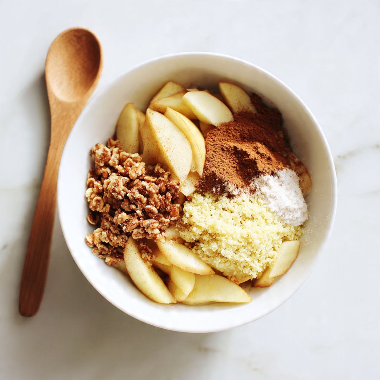 A white bowl filled with three main layers sits on a white marbled surface. The bottom layer is thinly sliced pale yellow apple pieces, topped by ground brown cinnamon powder scattered unevenly around the bowl. On top of the cinnamon, there is a light yellow textured layer of grated ginger, with a small portion of white powder (likely flour or sugar) near one side. A wooden spoon rests next to the bowl, and natural light softly illuminates the scene. Photo taken with an iphone --ar 4:5 --v 7