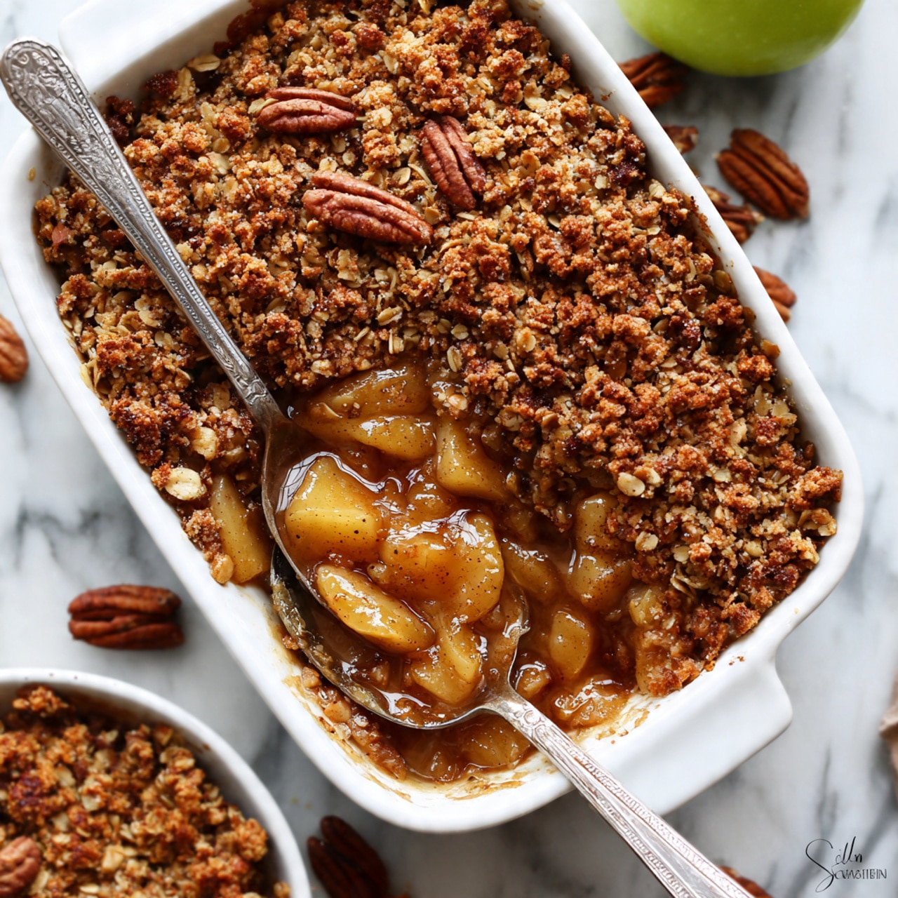 The image shows a white rectangular baking dish filled with a baked dessert that has two clear layers. The bottom layer is a thick, glossy, golden-brown fruit filling with visible soft chunks of fruit, slightly bubbling at the edges. The top layer is a crumbly, coarse-textured crust made of oats and brown sugar, rough and uneven with a deep toasted brown color and chunks of oats visible throughout. Two silver spoons rest inside the dish, one spoon dipped into the fruit layer, showing its thick, syrupy texture. The dish sits on a white marbled surface with some pecan nuts and a piece of green apple nearby in soft focus, giving a warm and rustic feel. photo taken with an iphone --ar 4:5 --v 7