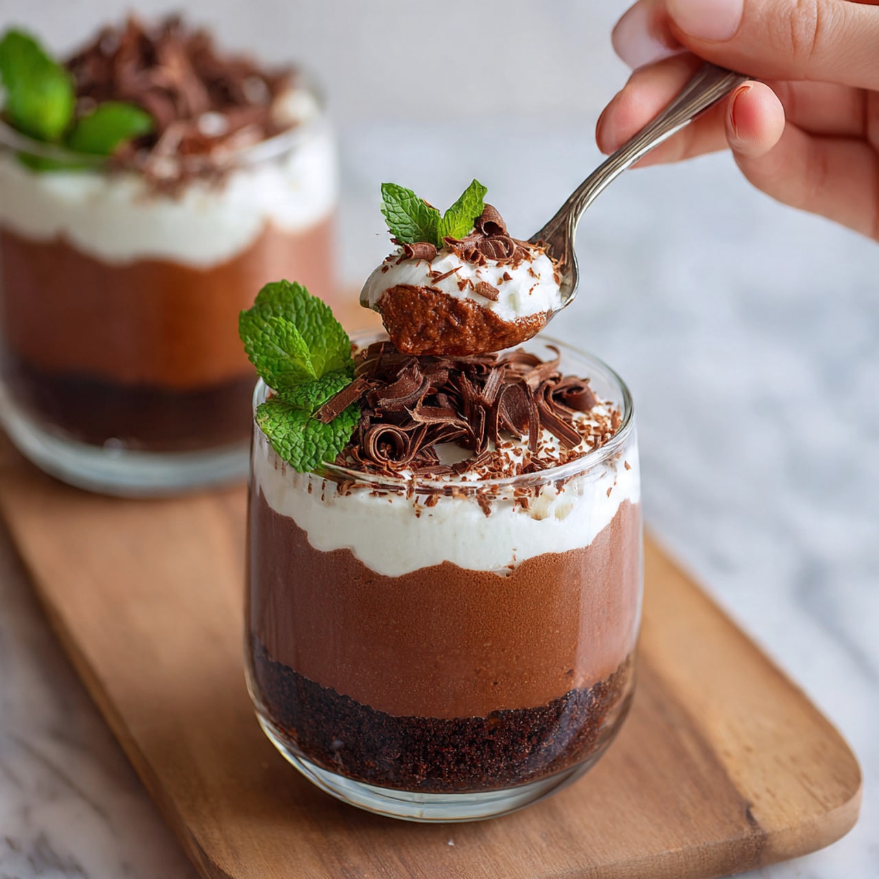 The image shows a clear glass cup filled with three distinct layers: a dark crumbly base at the bottom, a thick and smooth chocolate mousse layer in the middle, and a white whipped cream layer on top. On the whipped cream, there are curled chocolate shavings and a small fresh green mint leaf as decoration. A spoon with a scoop of the chocolate mousse is placed inside the glass, held by a woman's hand that enters the frame from the right side. The glass sits on a light wooden surface with a white marbled background. Another similar glass with the same dessert is blurred in the background. Photo taken with an iphone --ar 4:5 --v 7