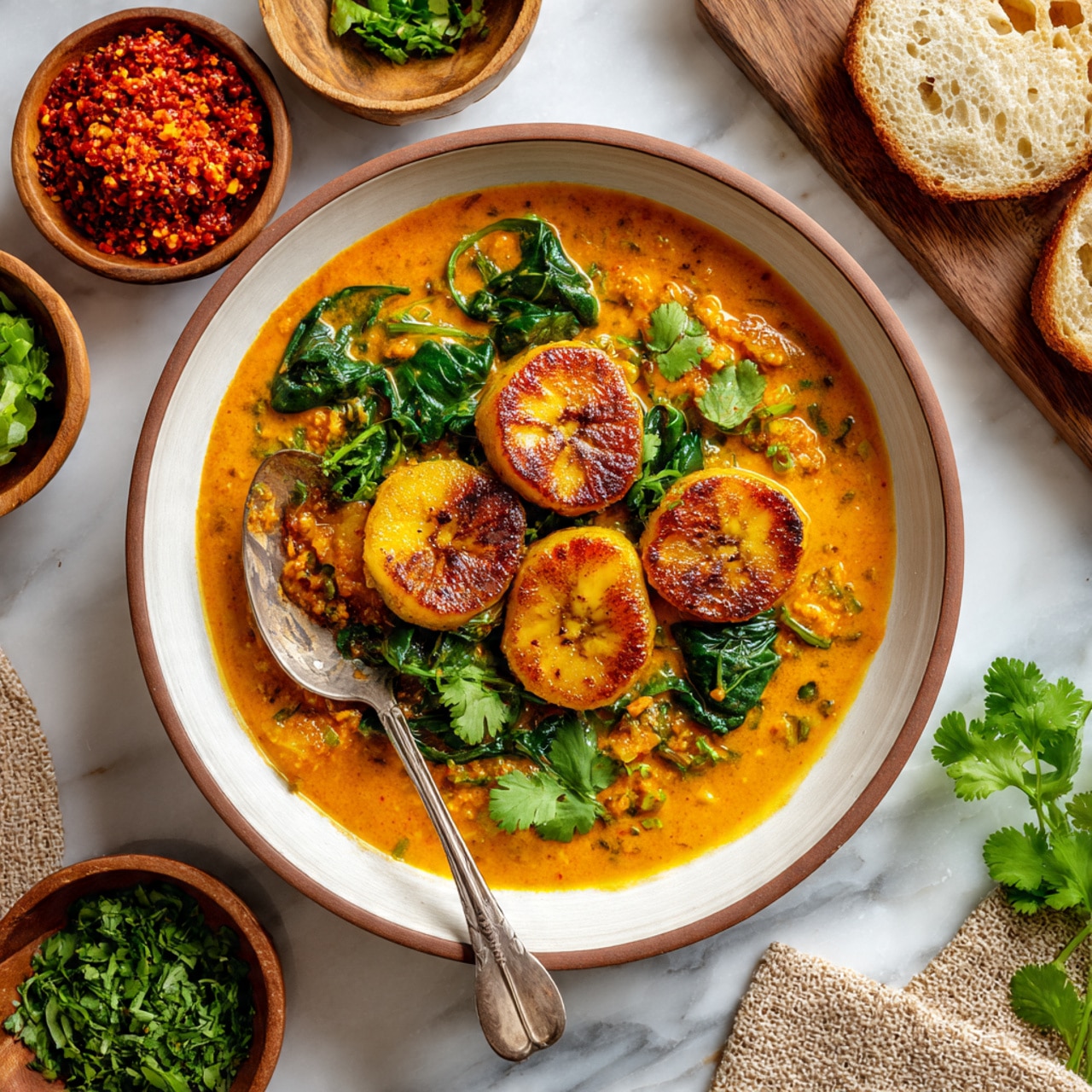 A white bowl with a brown rim holds an orange curry with creamy texture, filled with five grilled, golden-yellow plantain slices that show brown caramelized spots. The curry has green spinach leaves and fresh cilantro sprigs on top. A wooden spoon with a silver head rests inside the bowl on the left side. Around the bowl on a white marbled surface are small bowls with bright red spice paste and green chopped herbs, a piece of light brown crusty bread on the top right, and fresh cilantro leaves on the bottom left near a wooden board. A beige textured cloth is slightly visible under the bowl on the right. photo taken with an iphone --ar 4:5 --v 7
