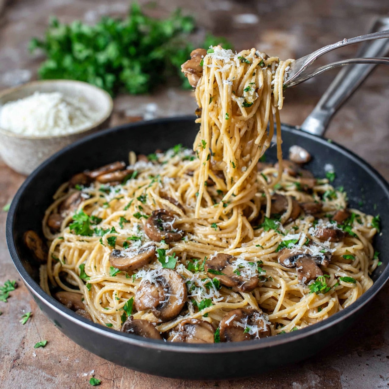 A black pan filled with about three layers of spaghetti coated in a creamy light beige sauce, mixed with thick slices of brown and tan mushrooms scattered evenly throughout, topped with chopped bright green parsley and small white grated cheese bits. Two silver forks lift a portion of the pasta from the pan, showing the noodles twisting and holding the sauce. The pan sits on a rustic brown wooden surface with a white marbled texture, with a small bowl of white grated cheese on the side and some sprigs of fresh parsley nearby. photo taken with an iphone --ar 4:5 --v 7