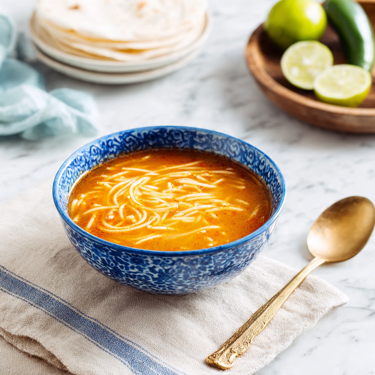 A bowl with blue patterns on the outside is filled with orange soup that has short, thin pasta noodles floating inside it. A golden spoon is placed in the bowl, resting on the right side. The bowl sits on a piece of beige cloth with a blue stripe, all on a white marbled surface. In the background, there are two green peppers, two lime wedges, a wooden spoon, and a stack of white tortillas partially wrapped in a light blue napkin. The scene has soft, natural light creating a fresh and warm feeling photo taken with an iphone --ar 4:5 --v 7