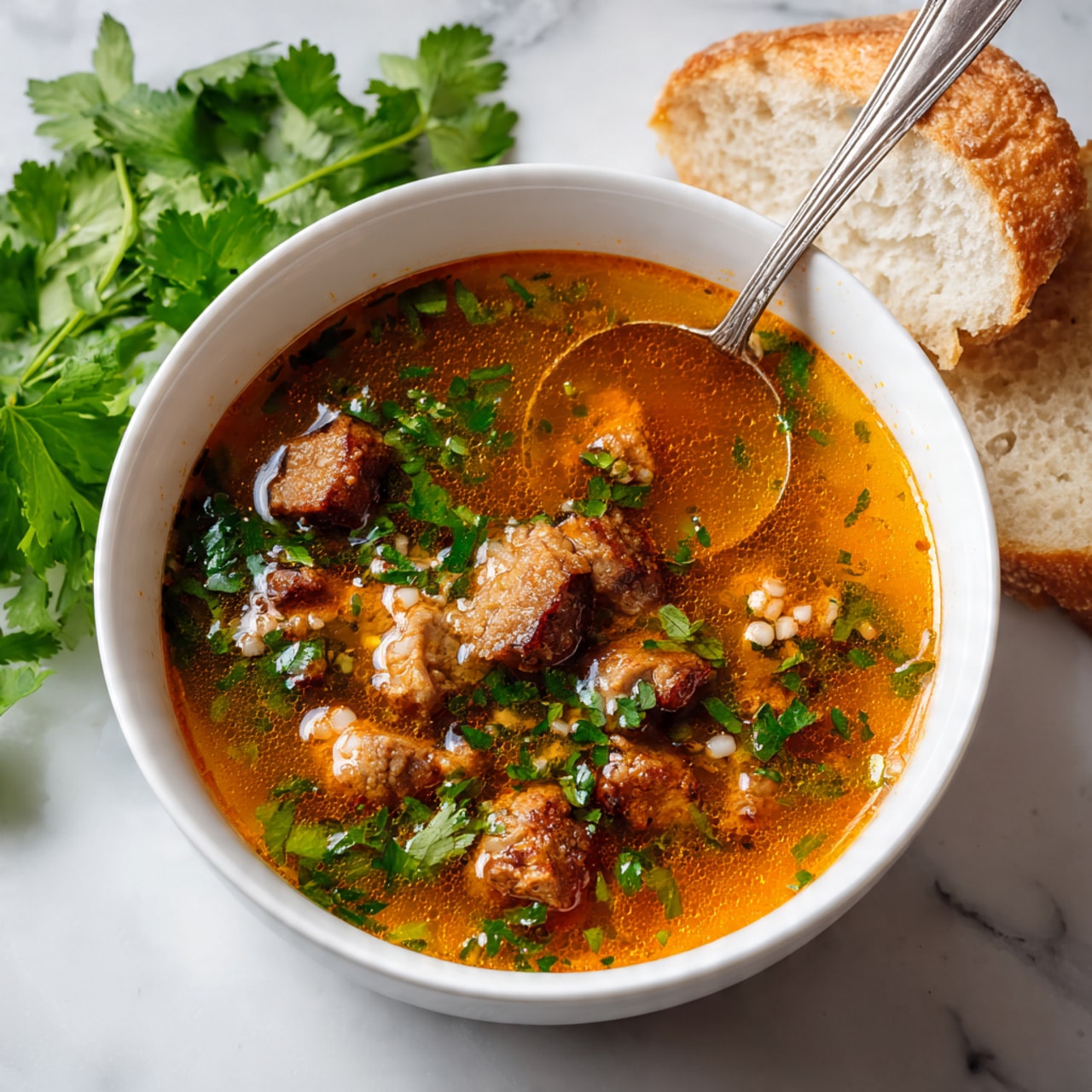 A white bowl filled with rich brown soup showing visible chunks of meat, small yellow corn pieces, and finely diced vegetables floating in broth, topped with fresh green cilantro leaves scattered across the surface. The bowl sits on a white marbled surface with a bunch of fresh cilantro on the top right and two slices of white bread placed on the top left beside the bowl. A folded towel with a blue and white checkered pattern is partly visible at the bottom right. The scene is bright and fresh, and no hands are shown. photo taken with an iphone --ar 4:5 --v 7