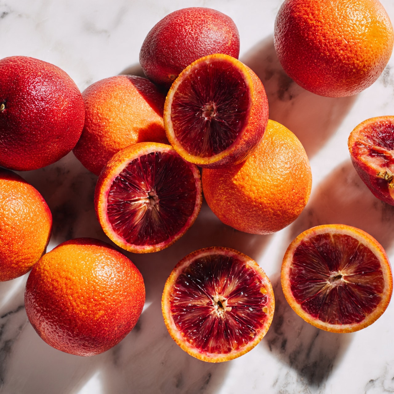 The image shows a group of whole and halved blood oranges spread across a white marbled surface. There are about ten whole blood oranges with a reddish-orange textured peel, and five halves placed among them exposing the deep red and orange flesh inside. The halved blood oranges show intricate patterns in the juicy segments, highlighting the contrast between the bright outer rind and the rich, dark red interior. The lighting makes the fruit shiny and fresh, with shadows adding depth. photo taken with an iphone --ar 4:5 --v 7