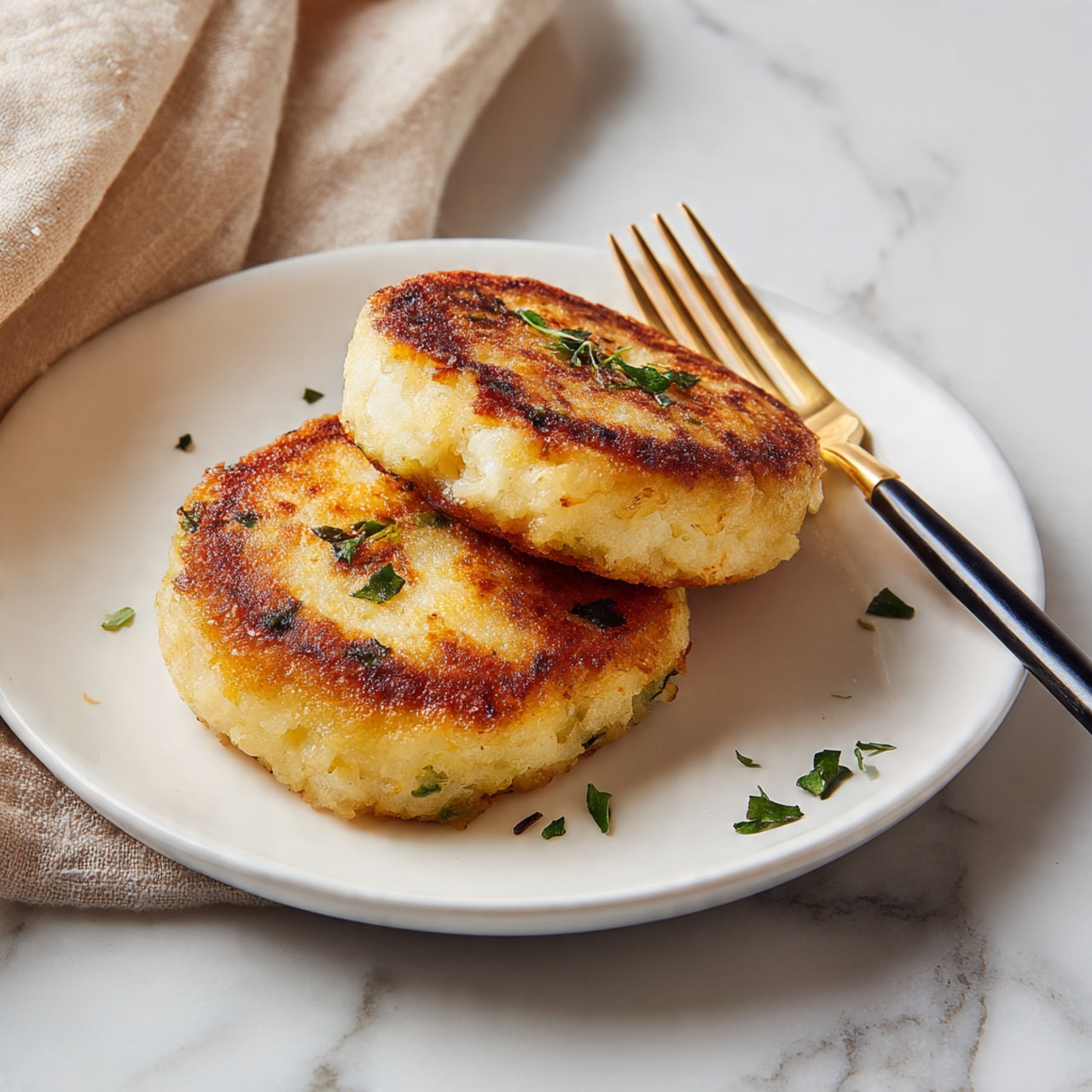 Two round, golden brown patties sit stacked slightly on a white plate with a few small green herb pieces sprinkled on top of the front patty. The patties have a lightly crispy outer texture with some uneven browning and soft, pale yellow inner parts visible. A black and gold fork lies on the right side of the plate, which rests on a white marbled surface with a soft beige cloth partially visible in the background. Photo taken with an iphone --ar 4:5 --v 7