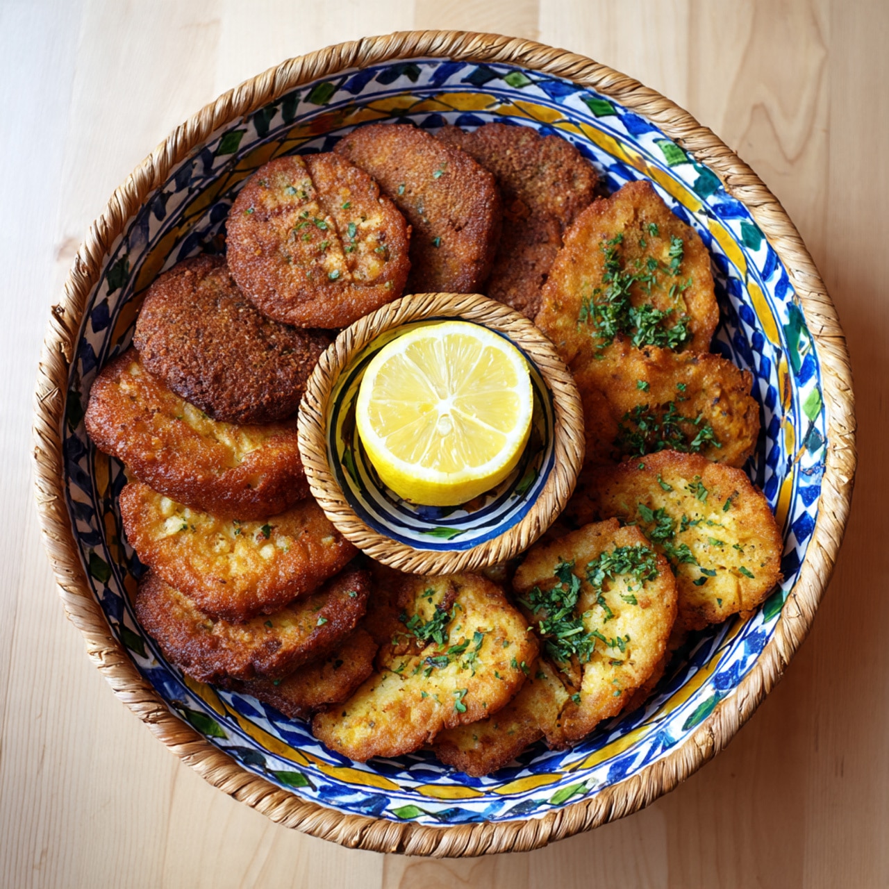 A round white plate with blue, yellow, brown, and green mosaic patterns holds a woven basket with golden brown fried patties arranged in two layers; the bottom layer contains larger patties, and the top layer has smaller, oval-shaped patties. In the middle of the basket is a bright yellow lemon cut into sections with green herb pieces on it. The plate is placed on a light wooden surface. photo taken with an iphone --ar 4:5 --v 7
