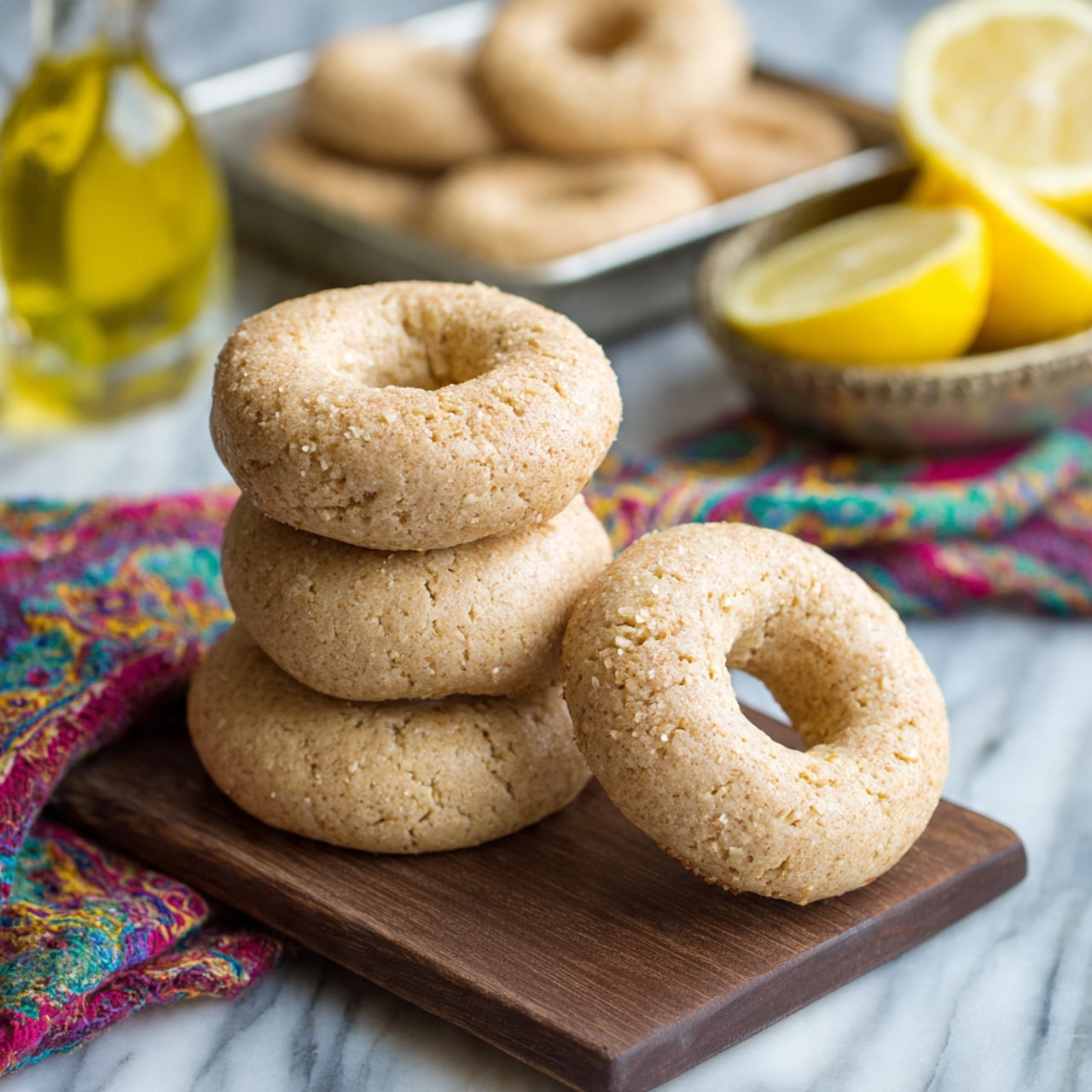 The image shows a stack of four round, light golden-brown cookies with a hole in the center, all placed on a wooden board. The cookies have a slightly rough texture with tiny air bubbles on the surface. Behind the wooden board, there are a few lemon wedges arranged casually. In the background, a clear glass bottle filled with yellow olive oil, sealed with a cork, stands on the white marbled surface. Further back, a metal baking sheet holds several more cookies, slightly out of focus, resting on a colorful patterned cloth. The scene is softly lit, highlighting the warm tones of the cookies and the wood, photo taken with an iphone --ar 4:5 --v 7