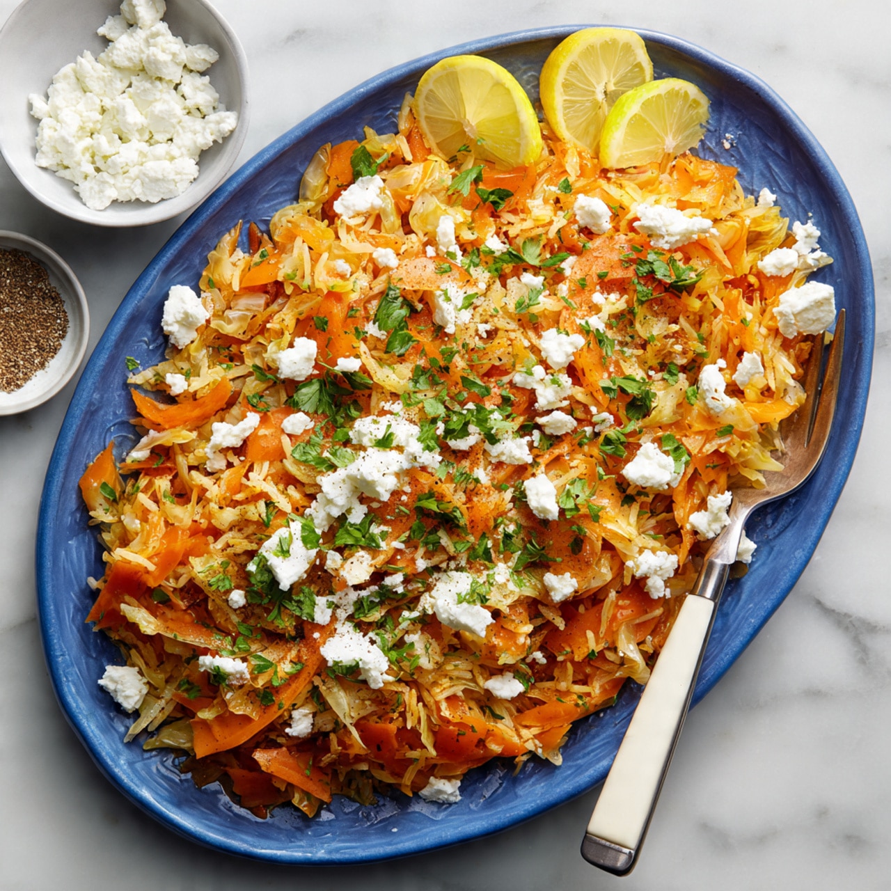 A large white plate holds a dish with three visible layers of food. The base layer is a mix of small rice grains and soft cabbage pieces in a rich orange sauce, spread evenly across the plate. On top of this, there are thin round slices of cooked carrots adding a bright orange color scattered around. The dish is sprinkled with white crumbled cheese and finely chopped green herbs evenly distributed on top, adding texture and color contrast. Two lemon wedges with a bright yellow peel are placed on the plate, one near the middle and one near the edge. A silver spoon with a white handle rests on the right side of the plate, partially submerged in the dish. The plate sits on a white marbled surface, with small bowls containing additional ingredients visible in the background. photo taken with an iphone --ar 4:5 --v 7
