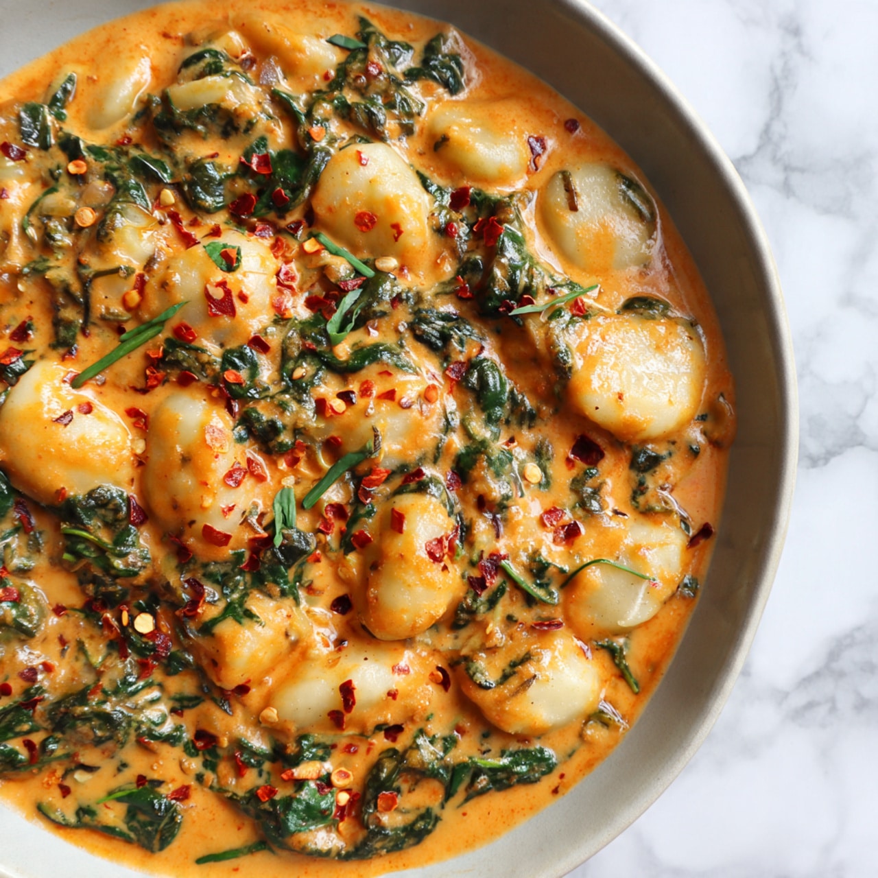 The image shows a creamy dish with two main layers: large white gnocchi pieces and a thick orange sauce mixed with finely chopped dark green spinach leaves. The sauce looks smooth and rich, coating every piece of gnocchi and filling the spaces between them. Small red chili flakes are scattered throughout the dish, adding specks of bright red that contrast with the orange and green. The dish is shown close-up with no plate or bowl edges visible, set against a white marbled texture background. photo taken with an iphone --ar 4:5 --v 7