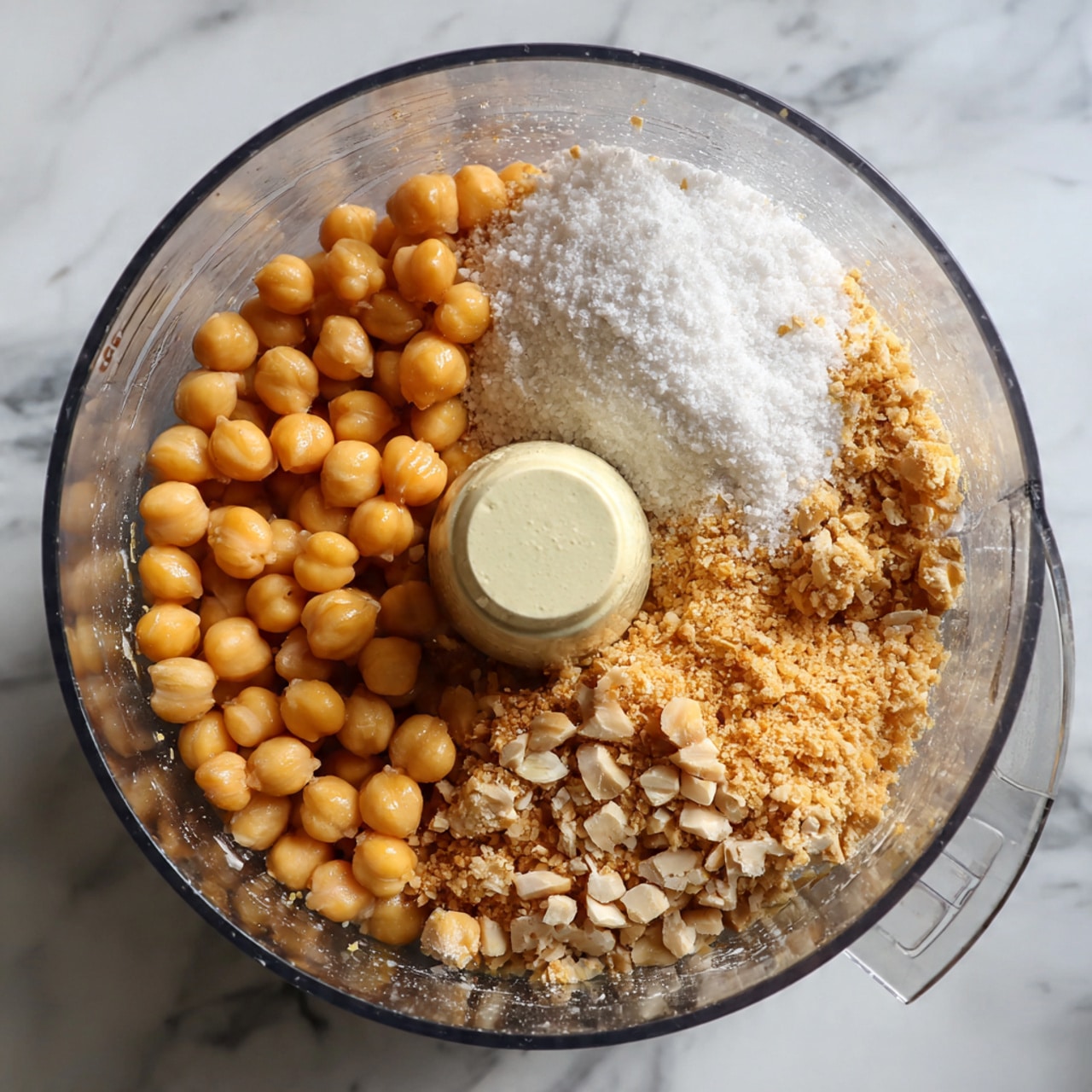 A clear food processor bowl shows three separate layers of ingredients ready to be mixed. On the left side, there are whole light orange chickpeas with a smooth texture. On the bottom right, there are beige-colored pieces of chopped nuts or seeds with a crumbly look. At the top, there's a white powdery layer, likely salt, forming a small mound. The food processor bowl sits on a white marbled surface. photo taken with an iphone --ar 4:5 --v 7